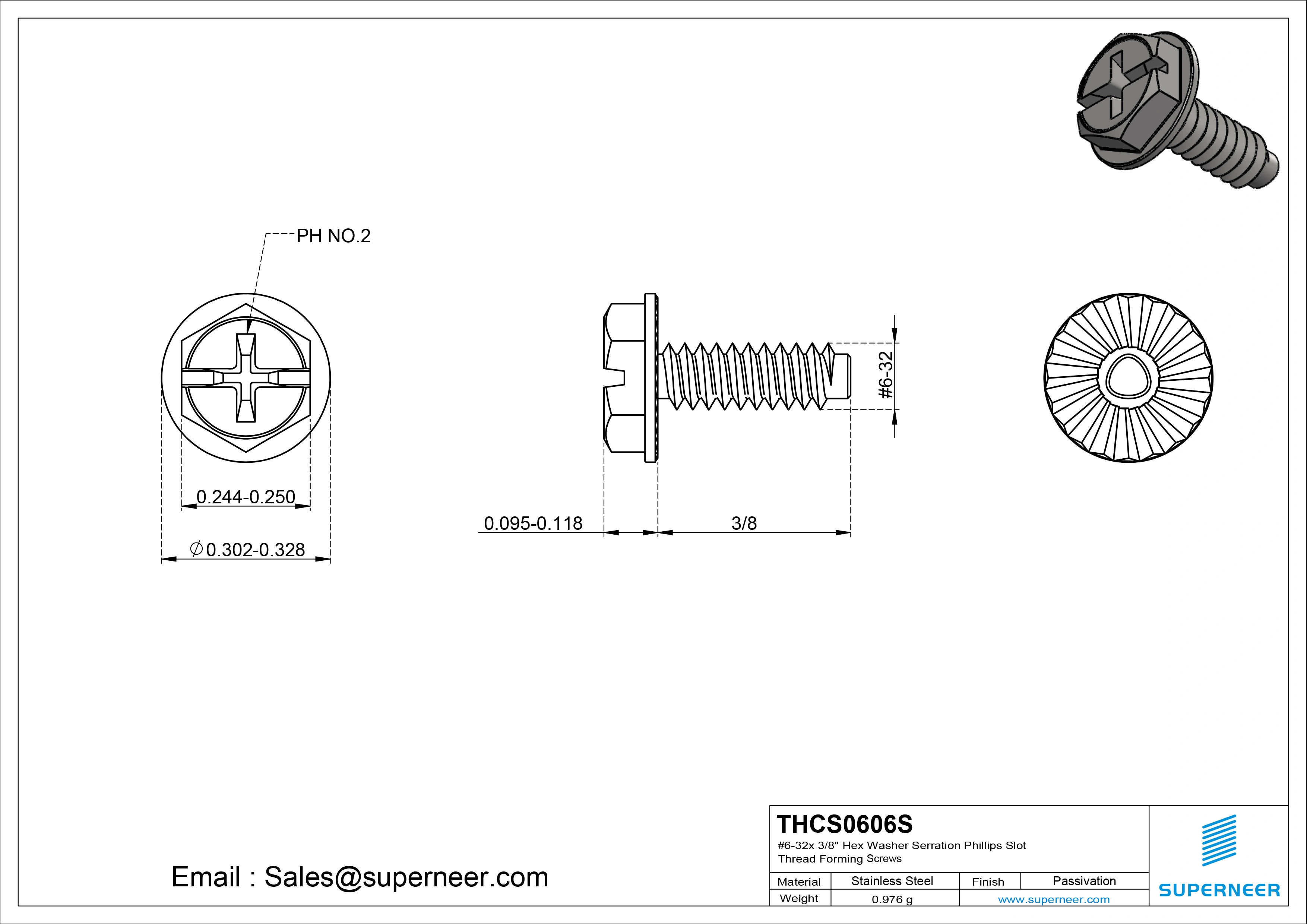 6-32 × 3/8 Hex Washer Serration Phillips Slot Thread Forming  Screws for Metal  SUS304 Stainless Steel Inox