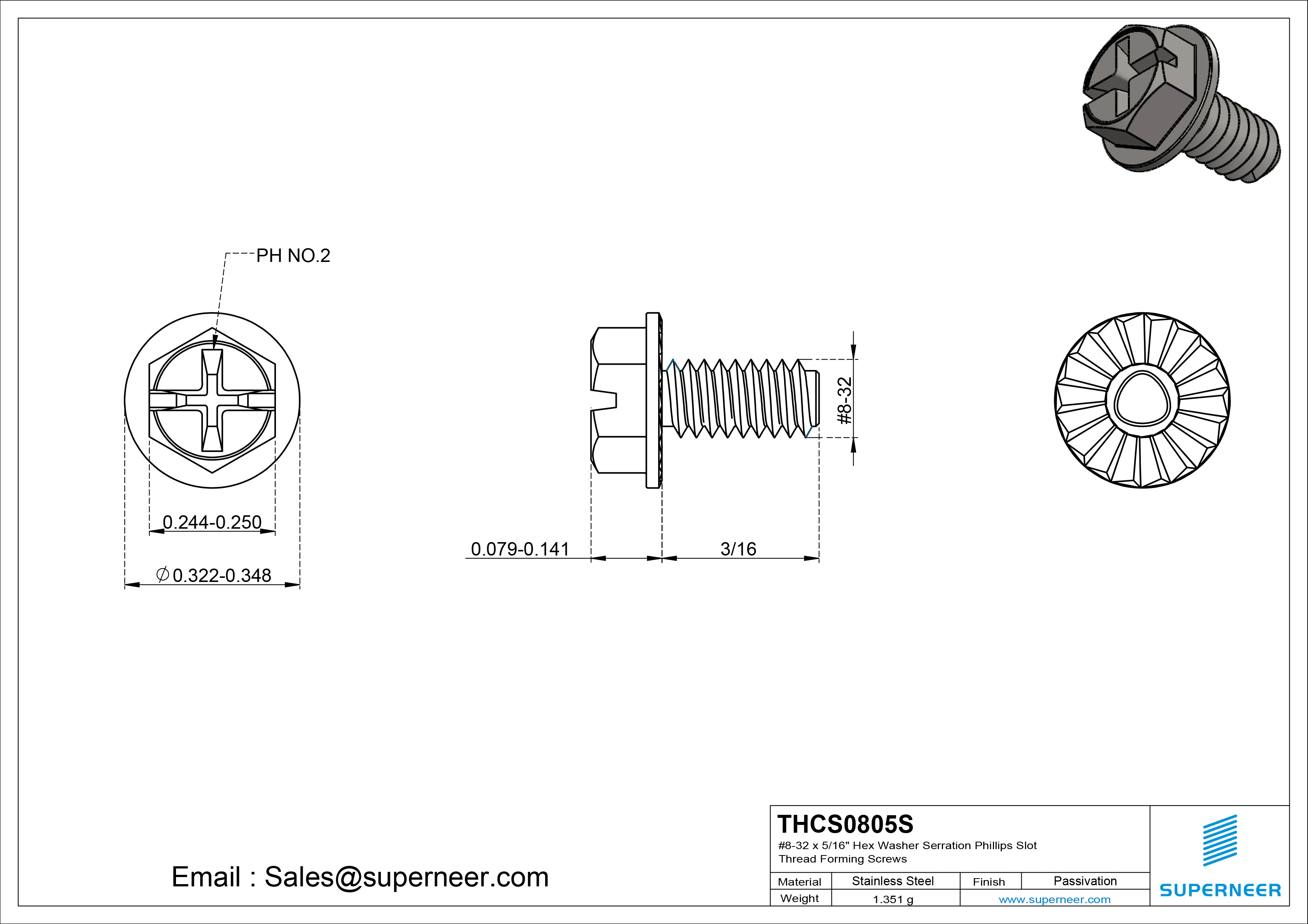 8-32 × 5/16 Hex Washer Serration Phillips Slot Thread Forming  Screws for Metal  SUS304 Stainless Steel Inox