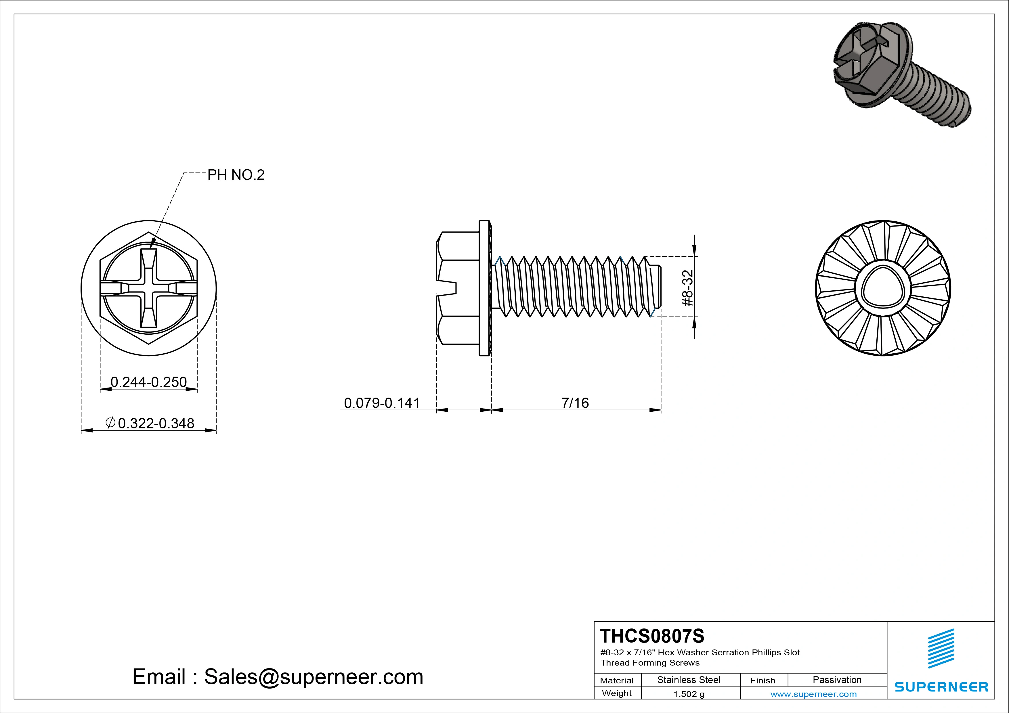 8-32 × 7/16 Hex Washer Serration Phillips Slot Thread Forming  Screws for Metal  SUS304 Stainless Steel Inox