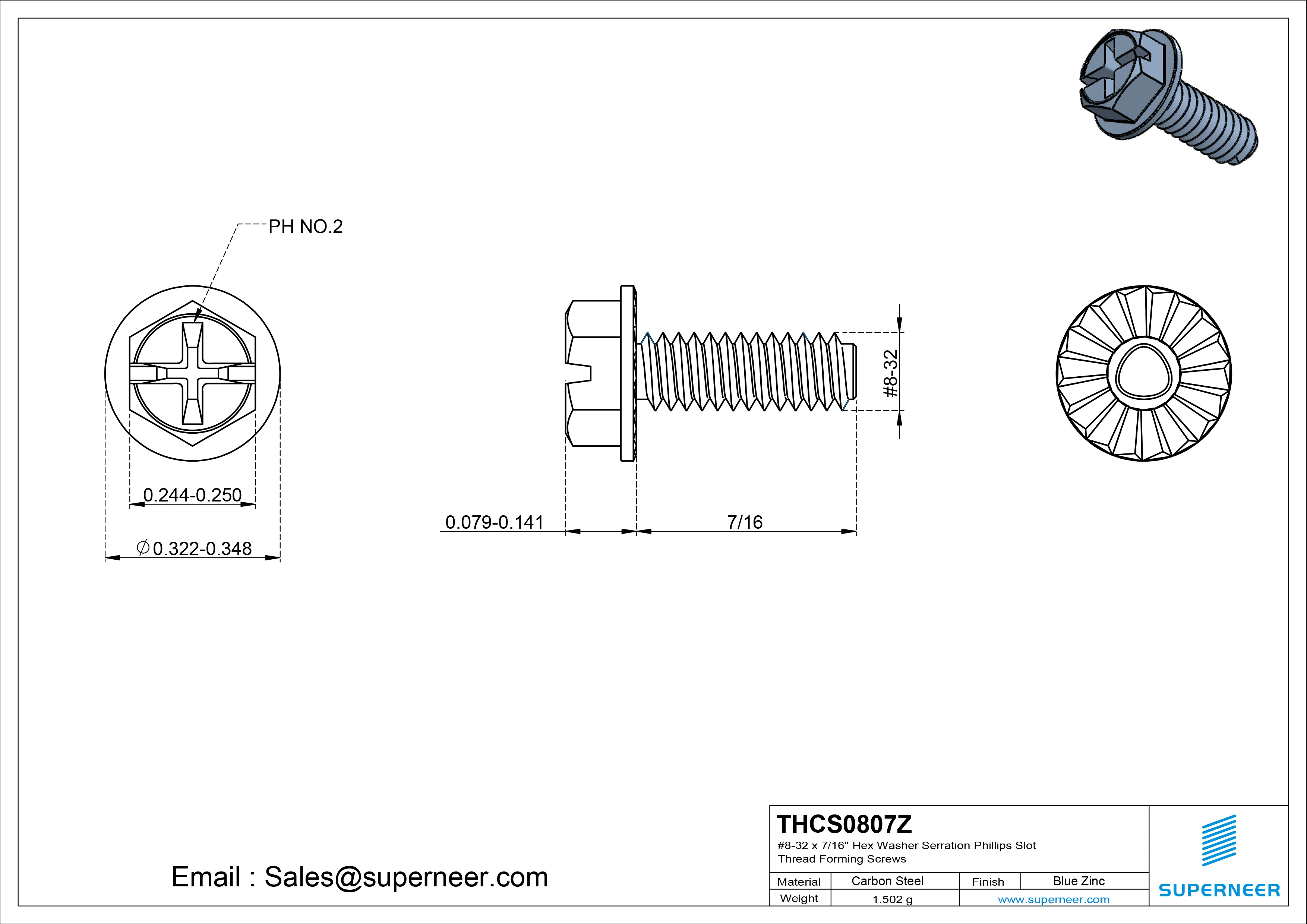 8-32 × 7/16 Hex Washer Serration Phillips Slot Thread Forming  Screws for Metal  Steel Blue Zinc Plated