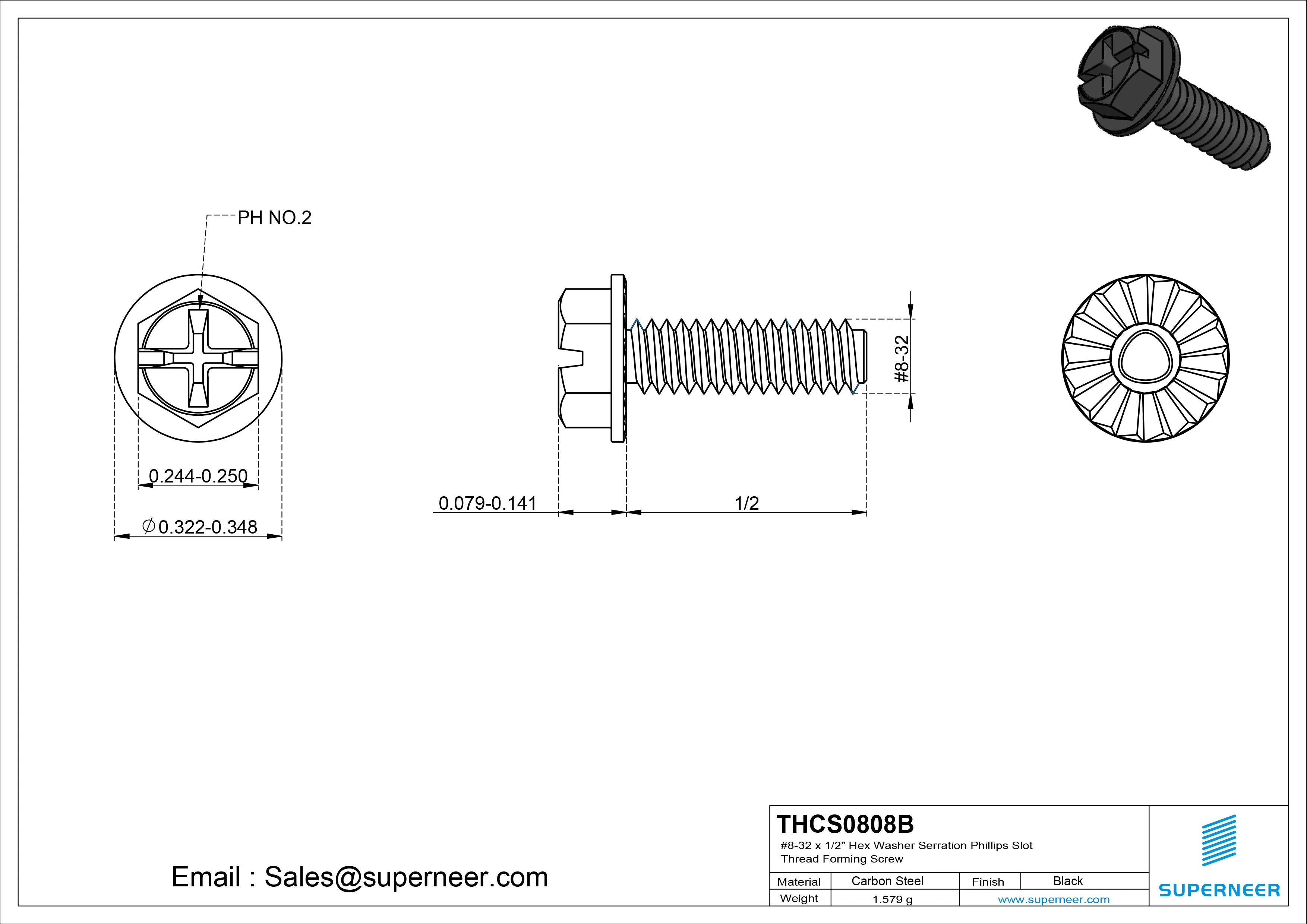 8-32 × 1/2 Hex Washer Serration Phillips Slot Thread Forming  Screws for Metal  Steel Black