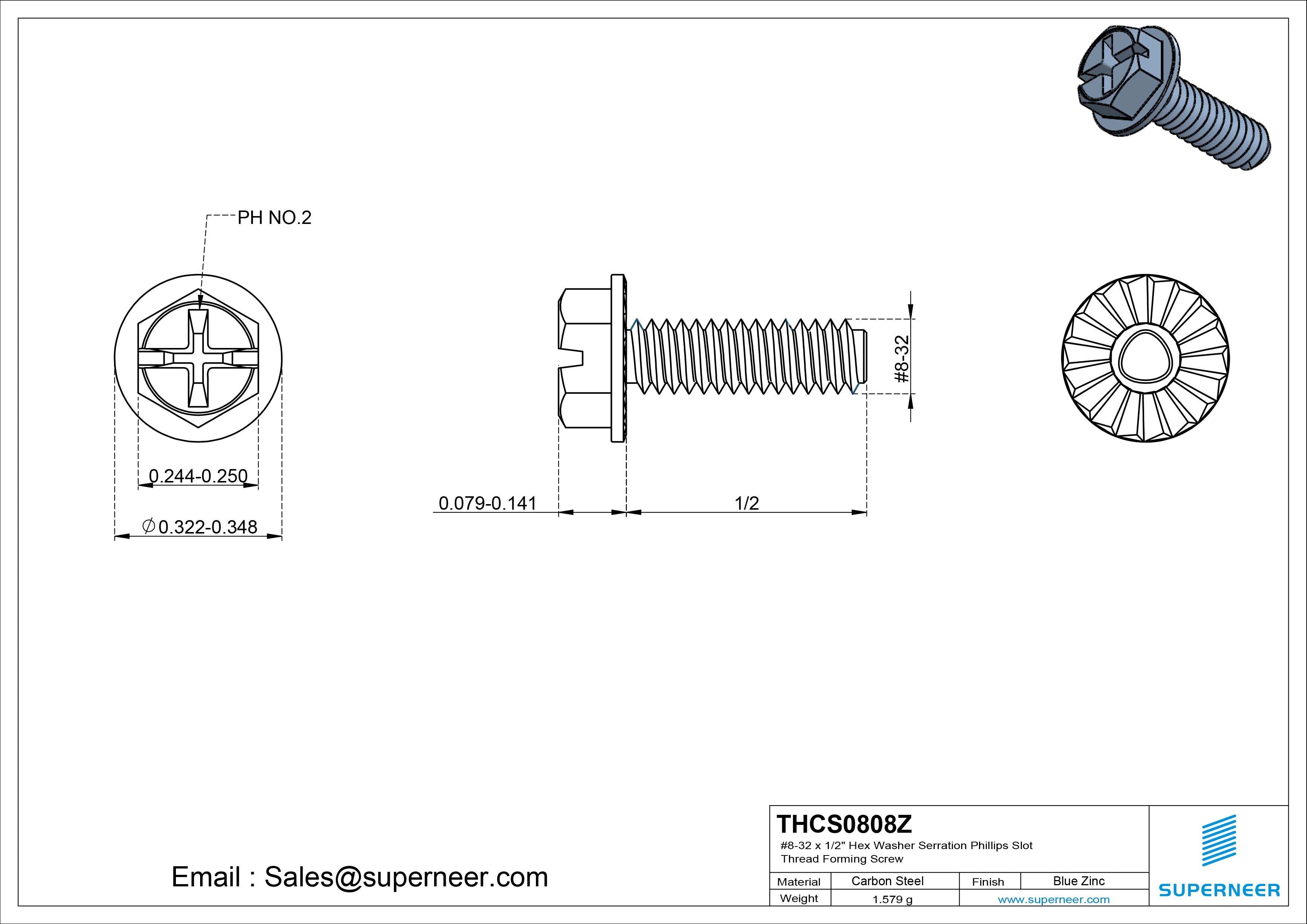 8-32 × 1/2 Hex Washer Serration Phillips Slot Thread Forming  Screws for Metal  Steel Blue Zinc Plated