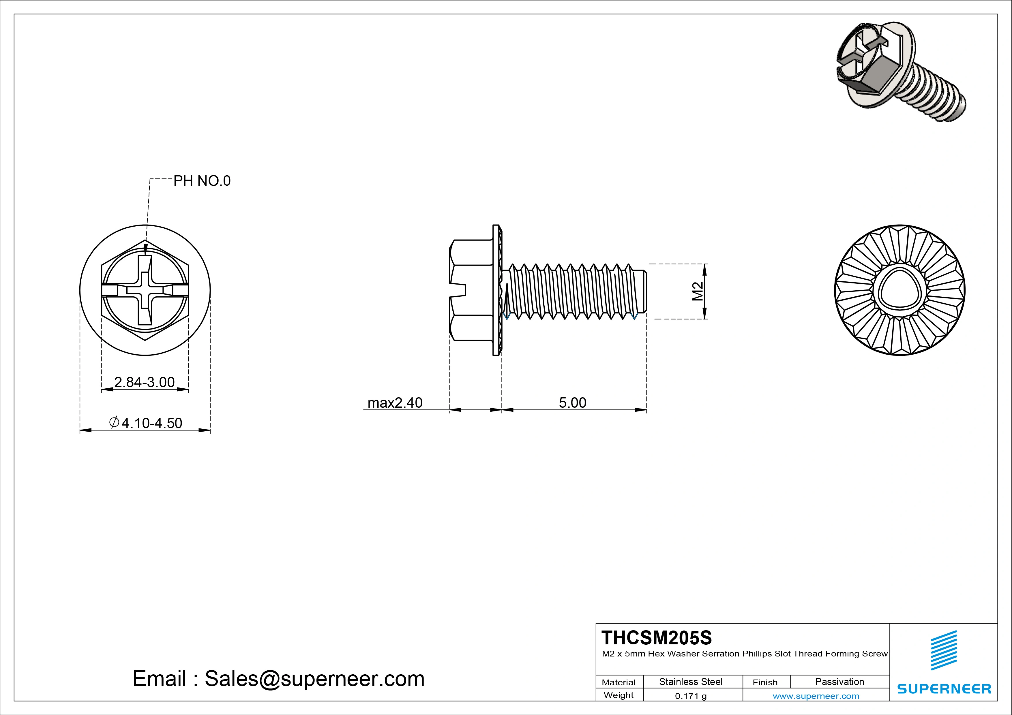 M2 × 5mm Indented Hex Washer Serrattion Phillips Slot Thread Forming Screws for Metal SUS304 Stainless Steel Inox