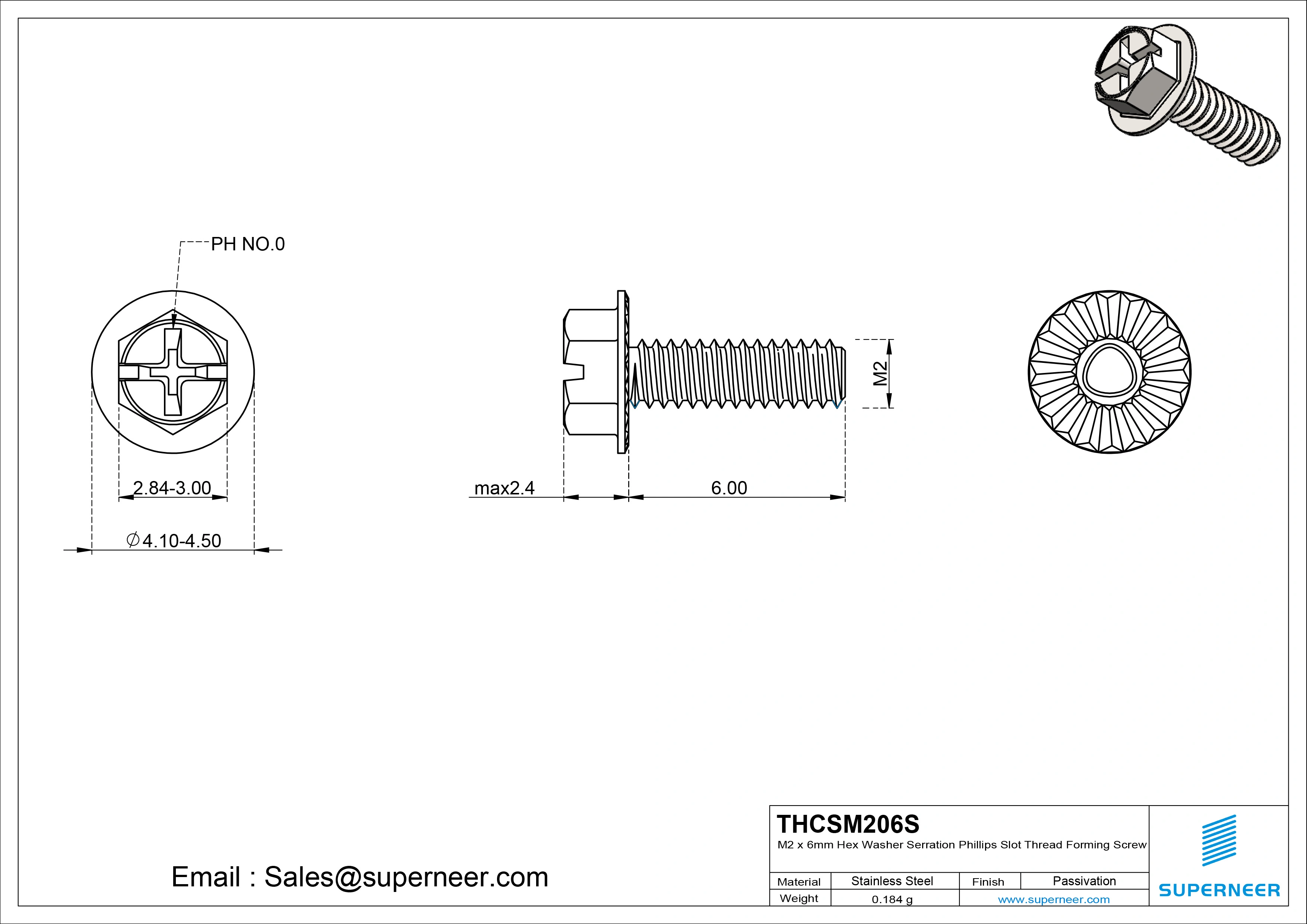 M2 × 6mm Indented Hex Washer Serrattion Phillips Slot Thread Forming Screws for Metal SUS304 Stainless Steel Inox