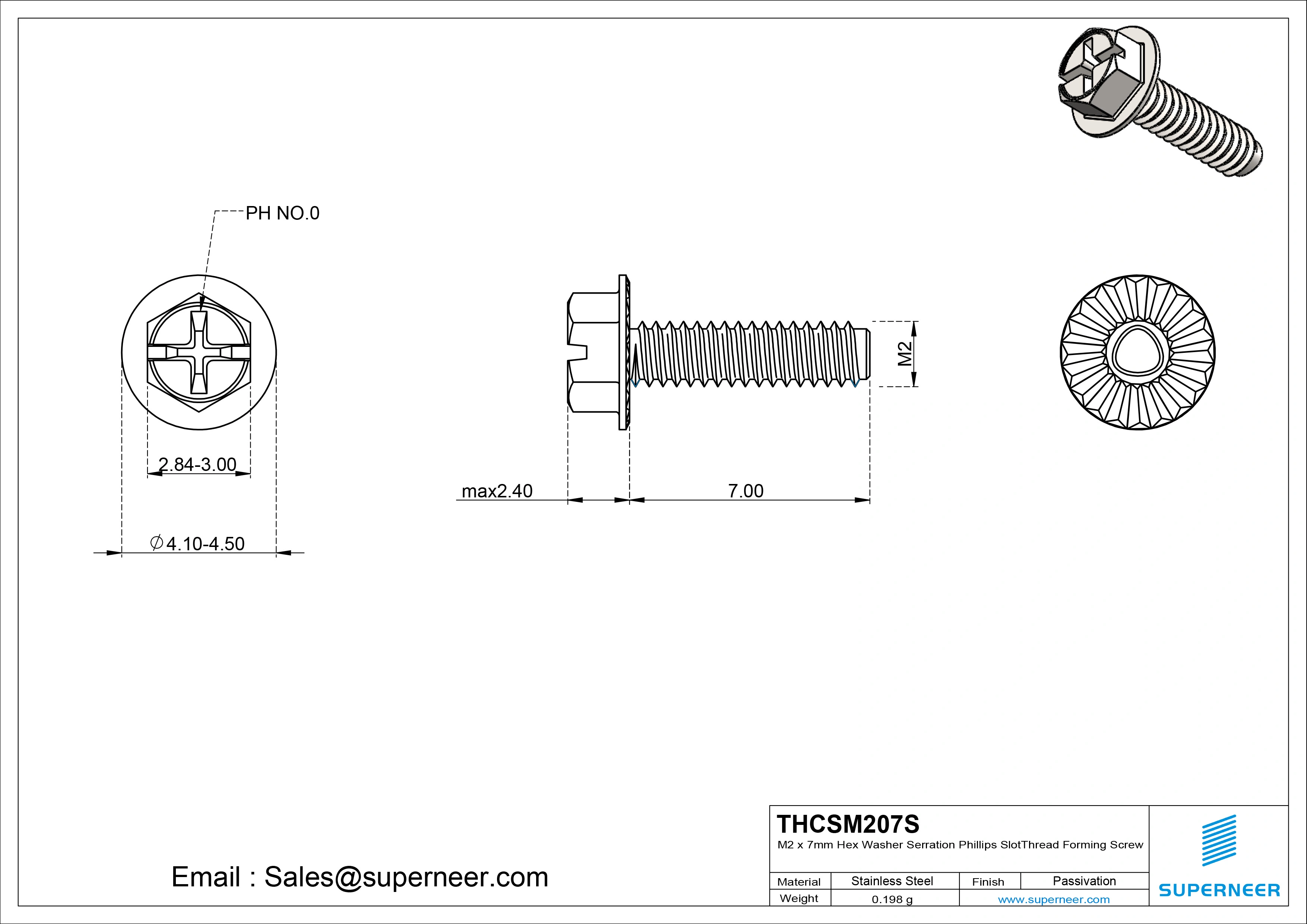 M2 × 7mm Indented Hex Washer Serrattion Phillips Slot Thread Forming Screws for Metal SUS304 Stainless Steel Inox