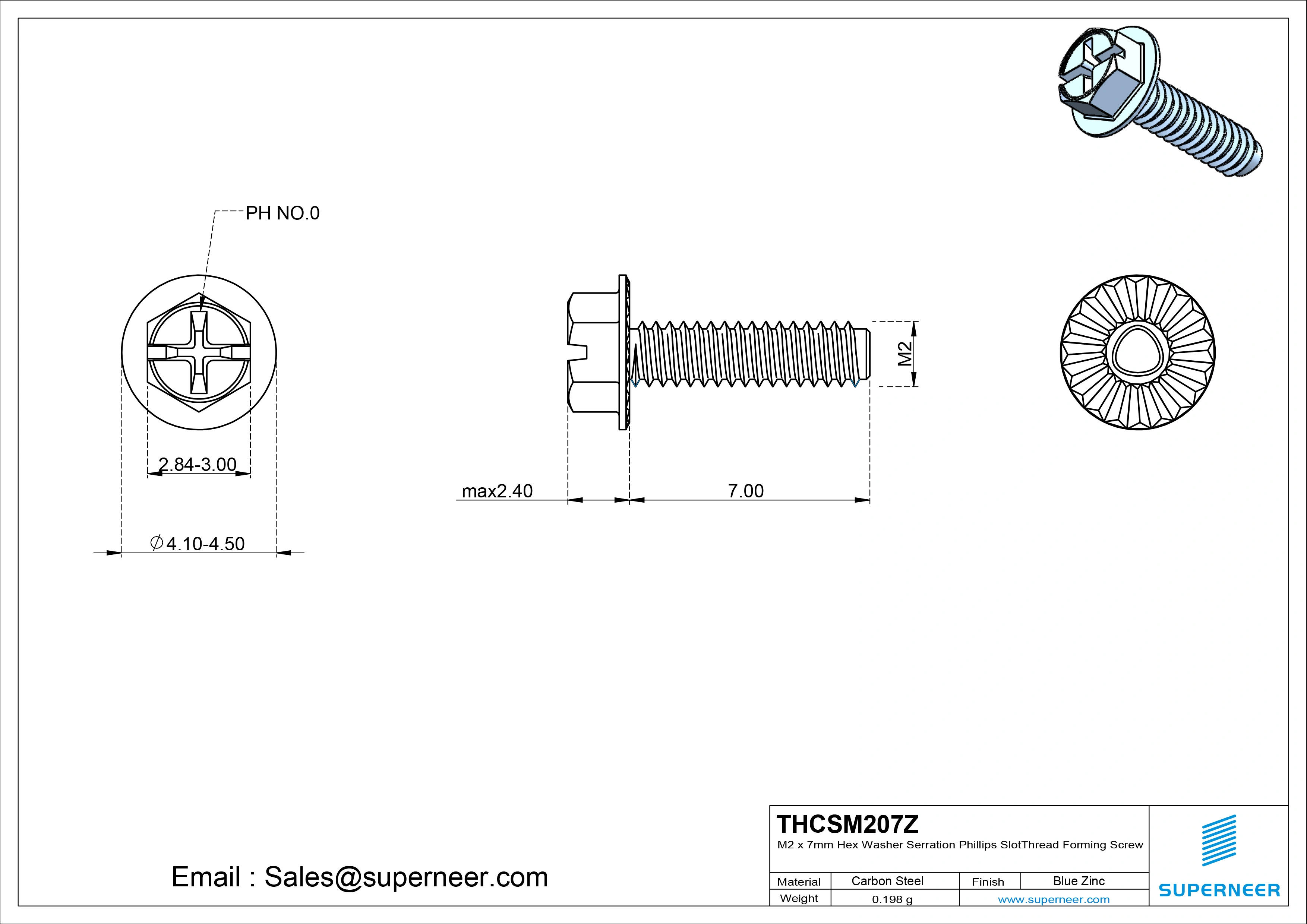 M2 × 7mm Indented Hex Washer Serrattion Phillips Slot Thread Forming Screws for Metal Steel Blue Zinc Plated