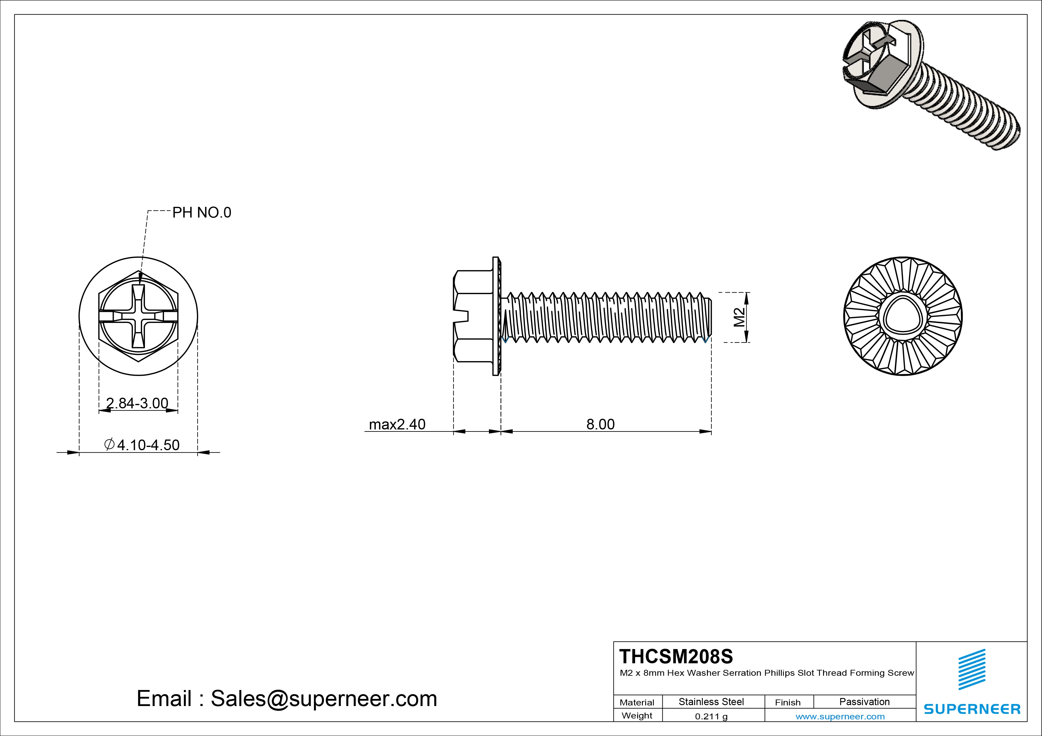 M2 × 8mm Indented Hex Washer Serrattion Phillips Slot Thread Forming Screws for Metal SUS304 Stainless Steel Inox