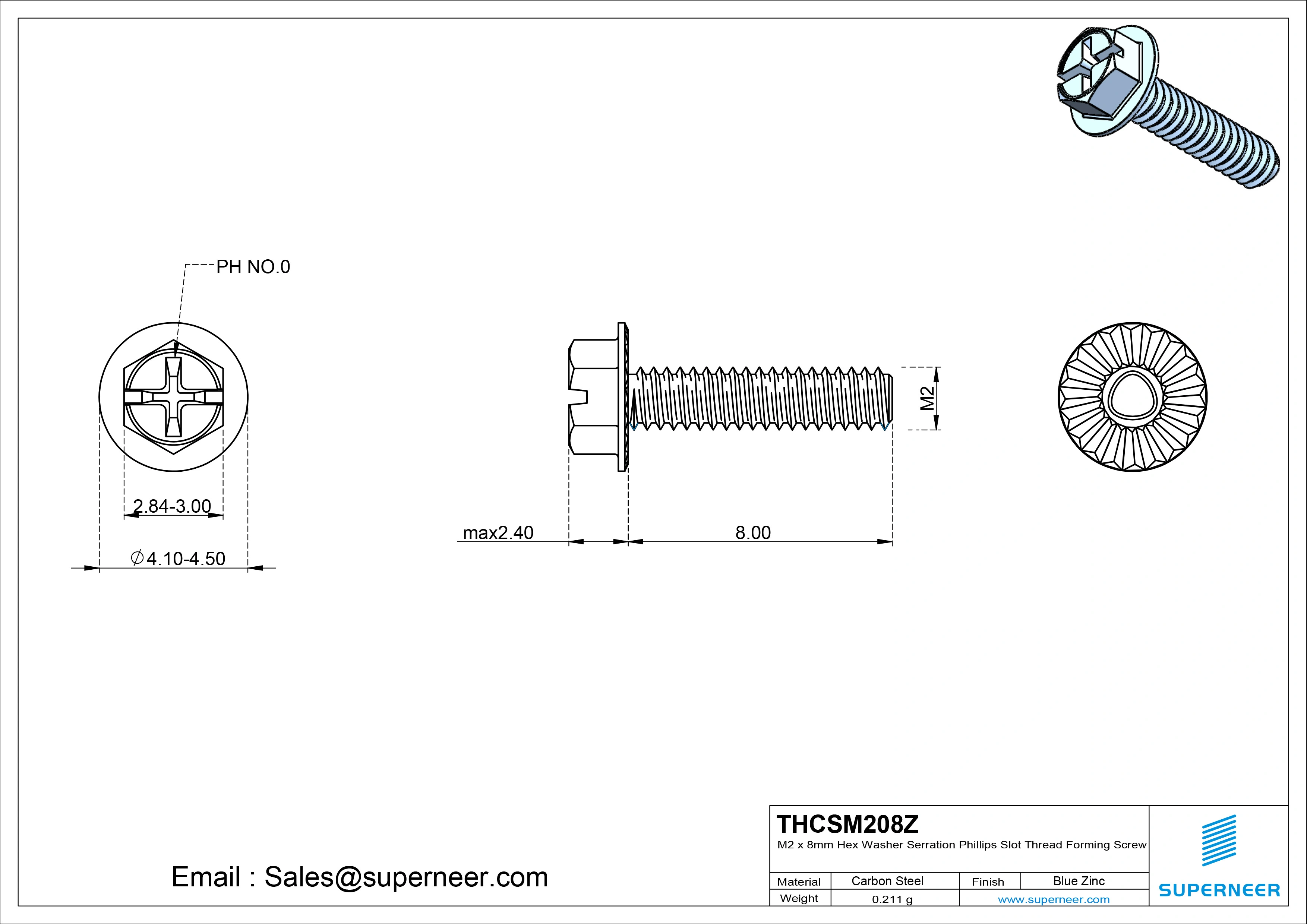 M2 × 8mm Indented Hex Washer Serrattion Phillips Slot Thread Forming Screws for Metal Steel Blue Zinc Plated