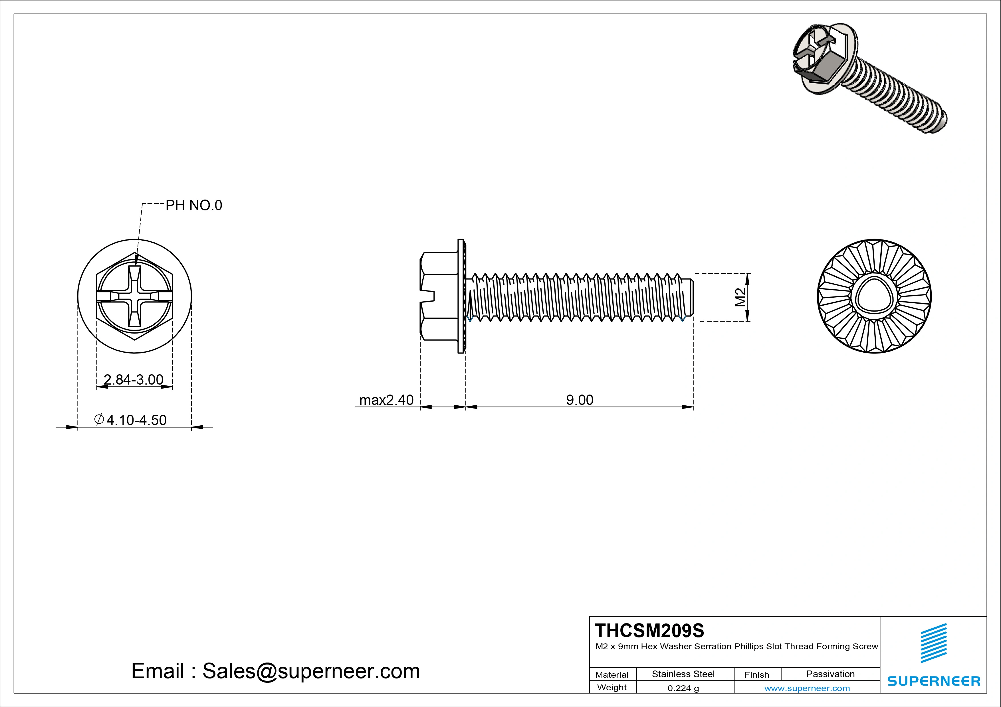 M2 × 9mm Indented Hex Washer Serrattion Phillips Slot Thread Forming Screws for Metal SUS304 Stainless Steel Inox
