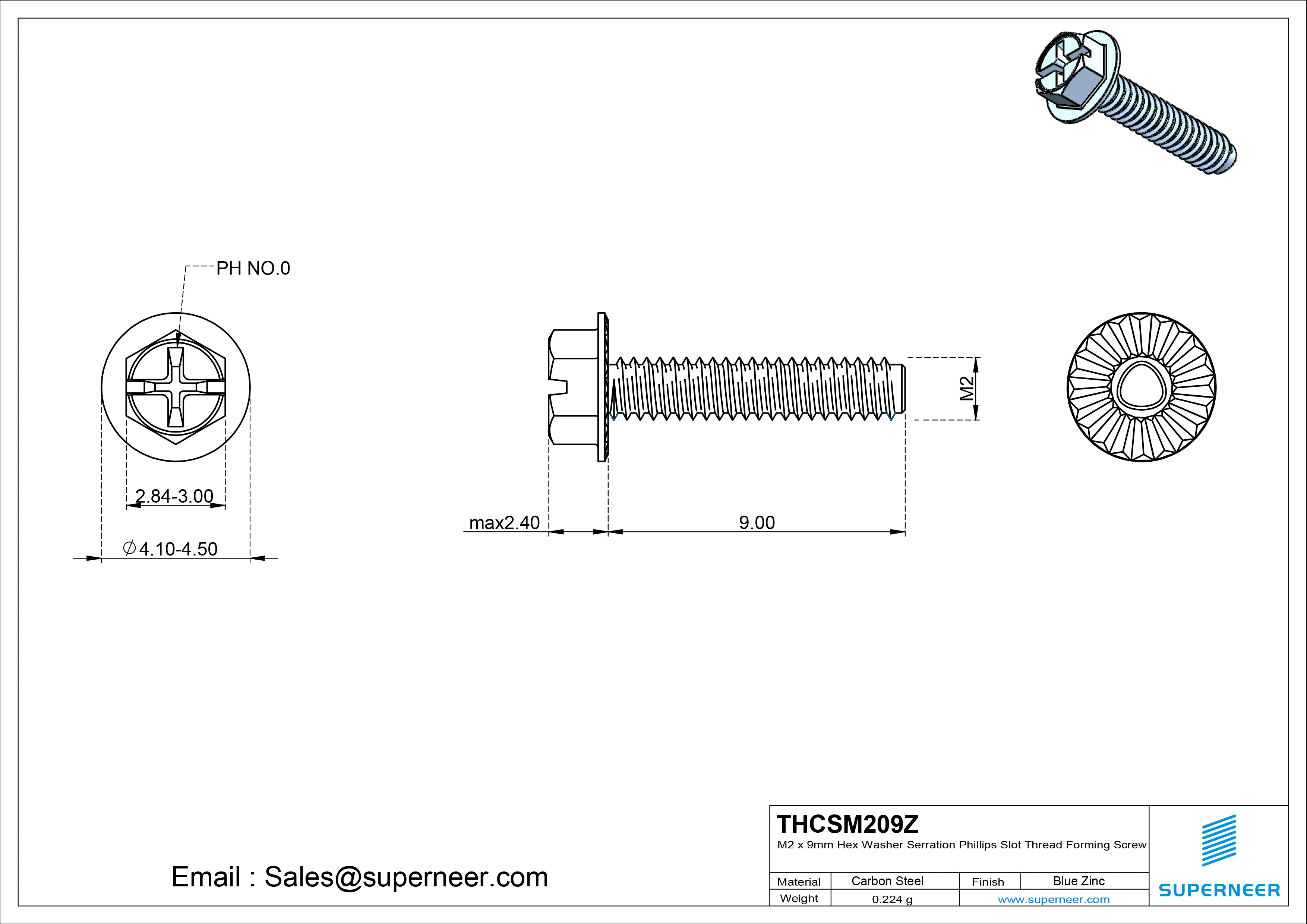 M2 × 9mm Indented Hex Washer Serrattion Phillips Slot Thread Forming Screws for Metal Steel Blue Zinc Plated