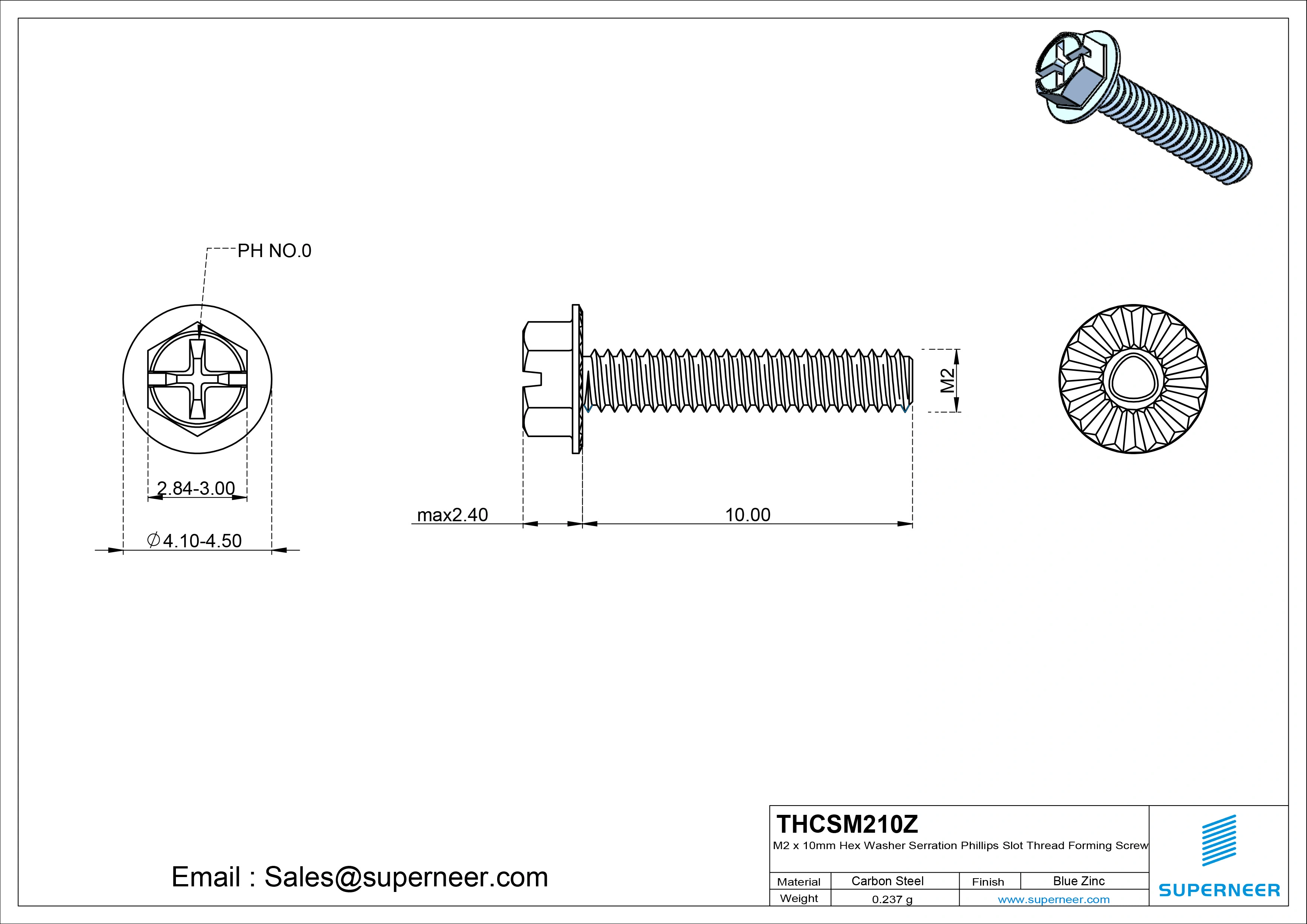 M2 × 10mm Indented Hex Washer Serrattion Phillips Slot Thread Forming Screws for Metal Steel Blue Zinc Plated