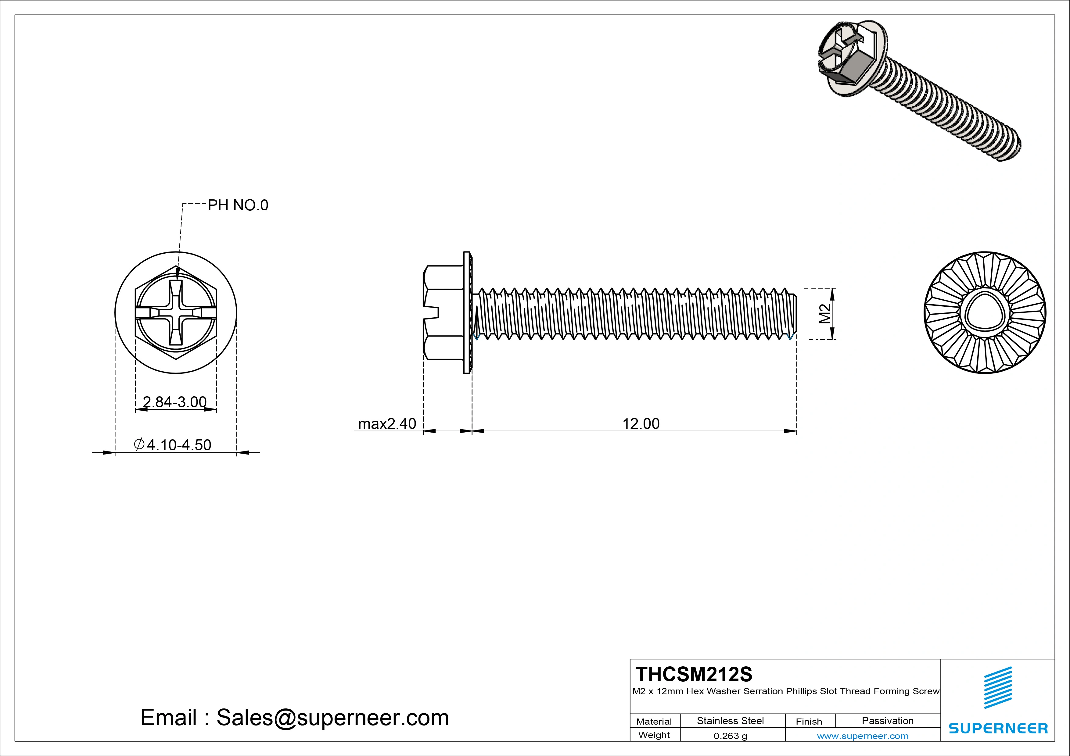 M2 × 12mm Indented Hex Washer Serrattion Phillips Slot Thread Forming Screws for Metal SUS304 Stainless Steel Inox