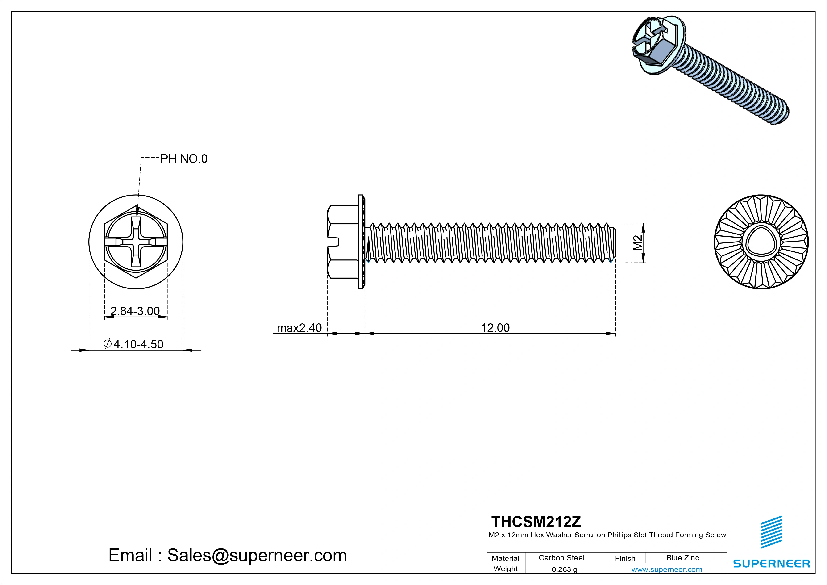 M2 × 12mm Indented Hex Washer Serrattion Phillips Slot Thread Forming Screws for Metal Steel Blue Zinc Plated