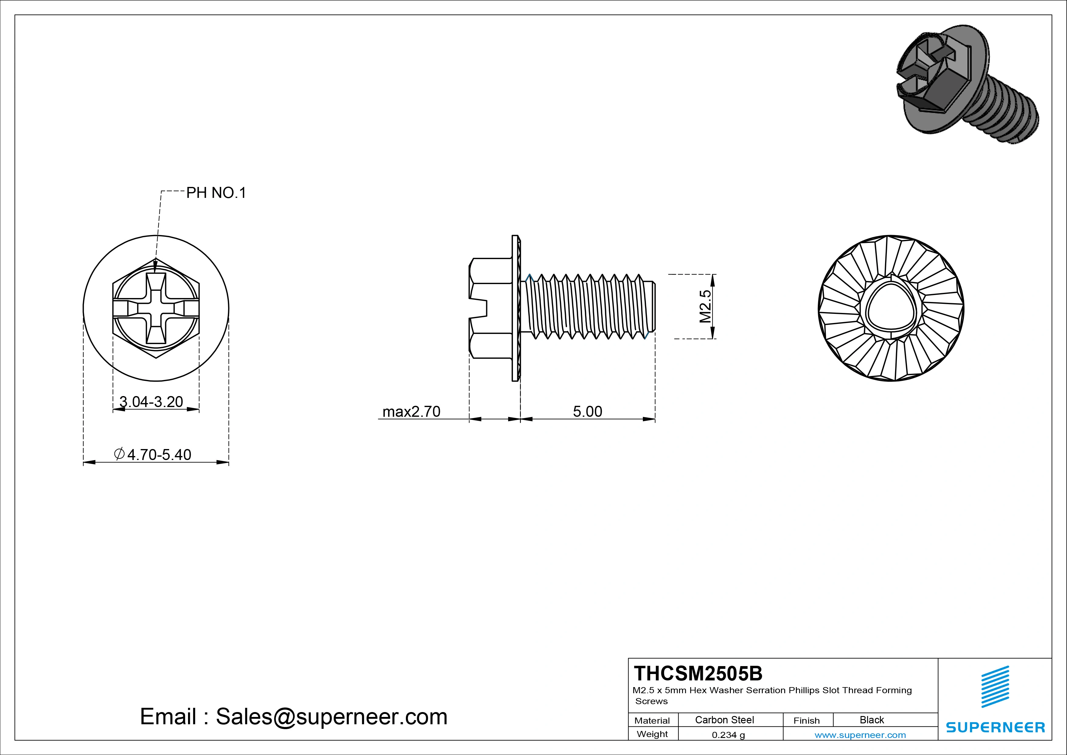 M2.5 × 5mm Indented Hex Washer Serrattion Phillips Slot Thread Forming Screws for Metal Steel Black