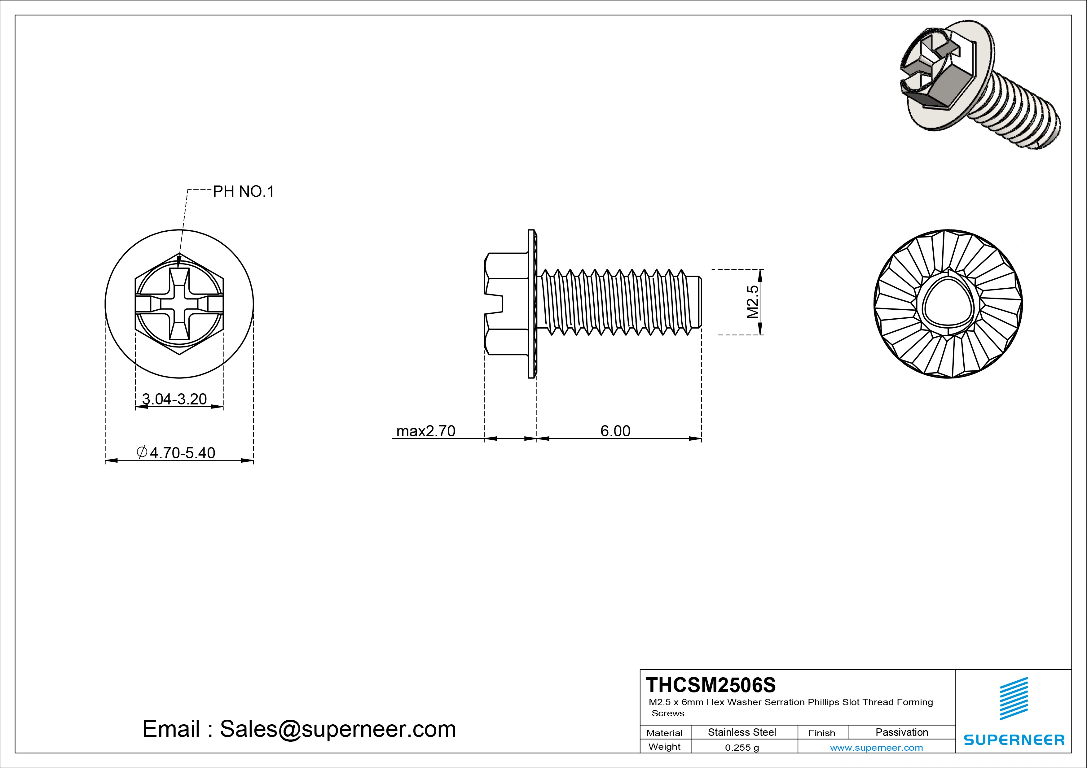 M2.5 × 6mm Indented Hex Washer Serrattion Phillips Slot Thread Forming Screws for Metal SUS304 Stainless Steel Inox
