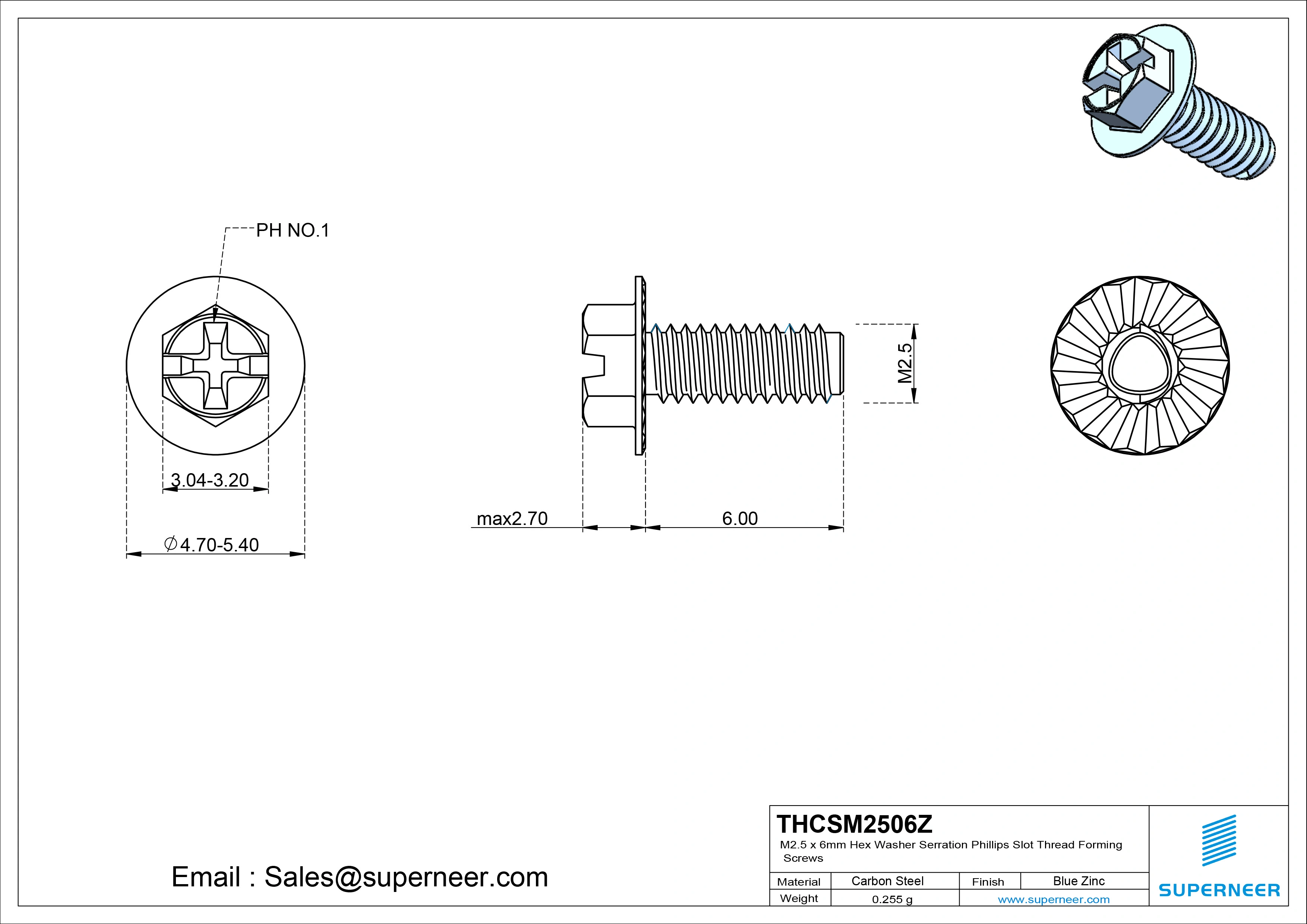 M2.5 × 6mm Indented Hex Washer Serrattion Phillips Slot Thread Forming Screws for Metal Steel Blue Zinc Plated