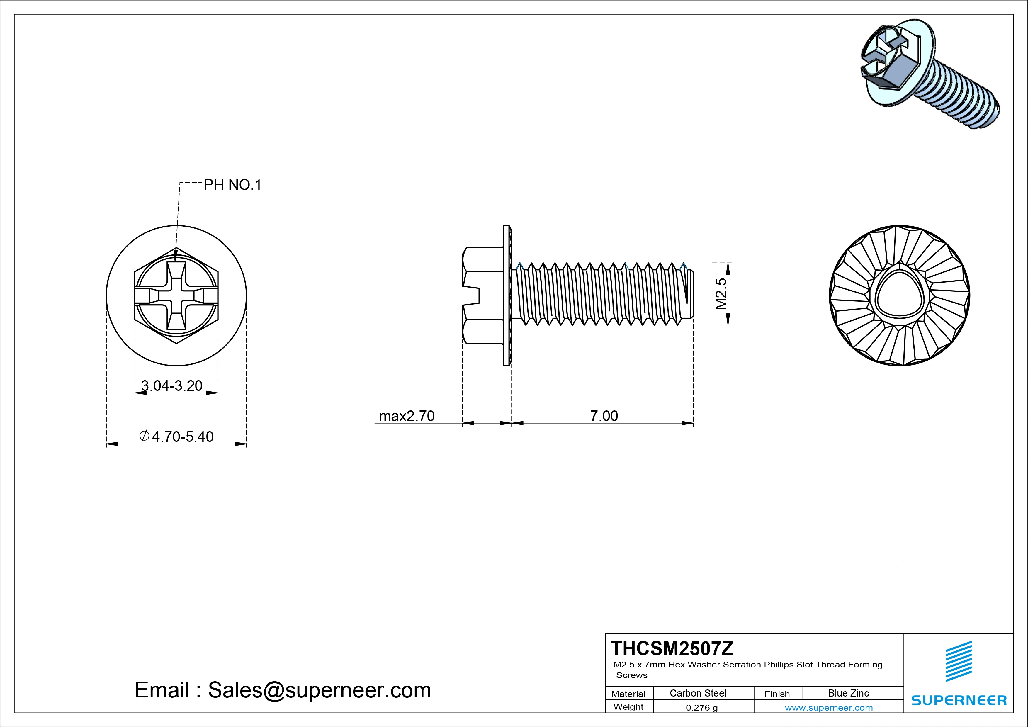 M2.5 × 7mm Indented Hex Washer Serrattion Phillips Slot Thread Forming Screws for Metal Steel Blue Zinc Plated