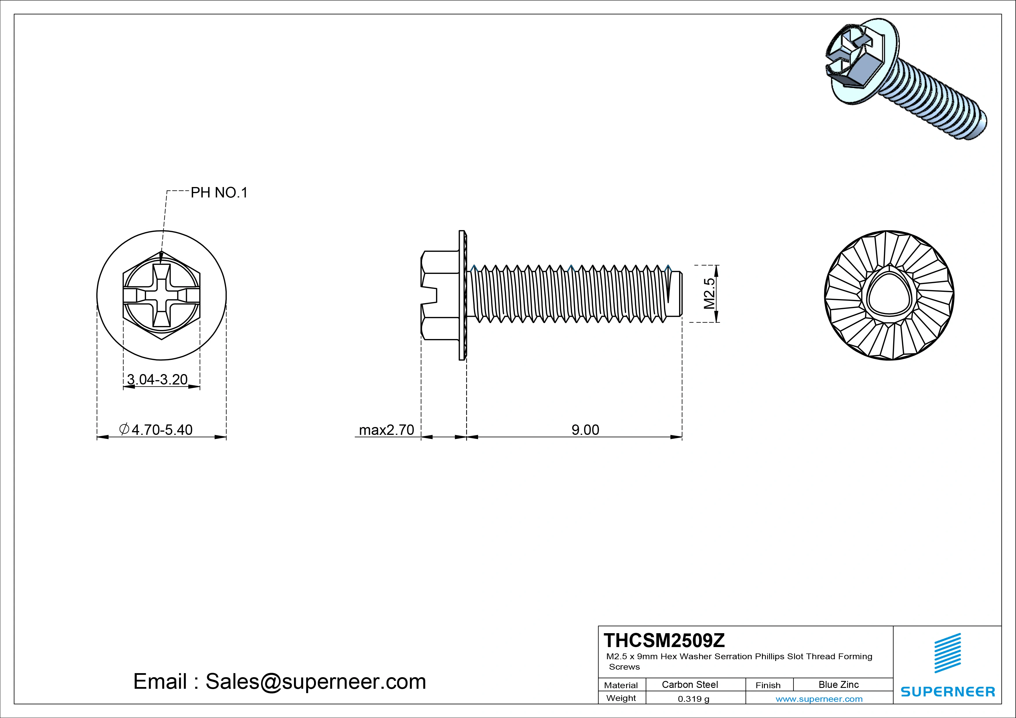M2.5 × 9mm Indented Hex Washer Serrattion Phillips Slot Thread Forming Screws for Metal Steel Blue Zinc Plated