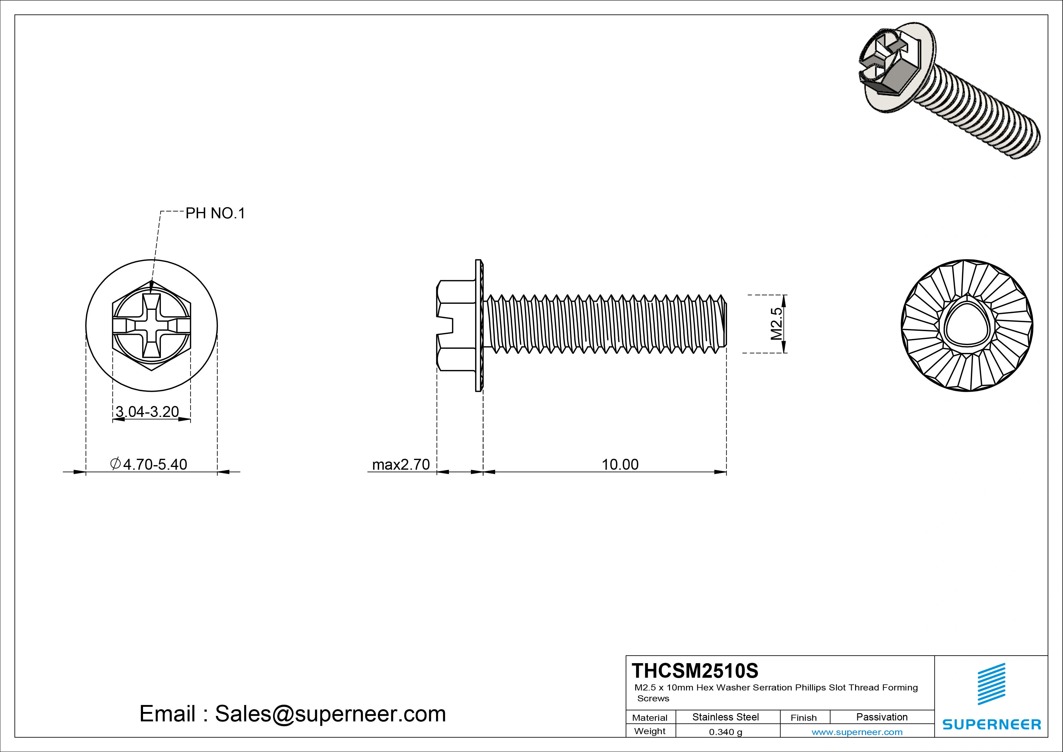 M2.5 × 10mm Indented Hex Washer Serrattion Phillips Slot Thread Forming Screws for Metal SUS304 Stainless Steel Inox