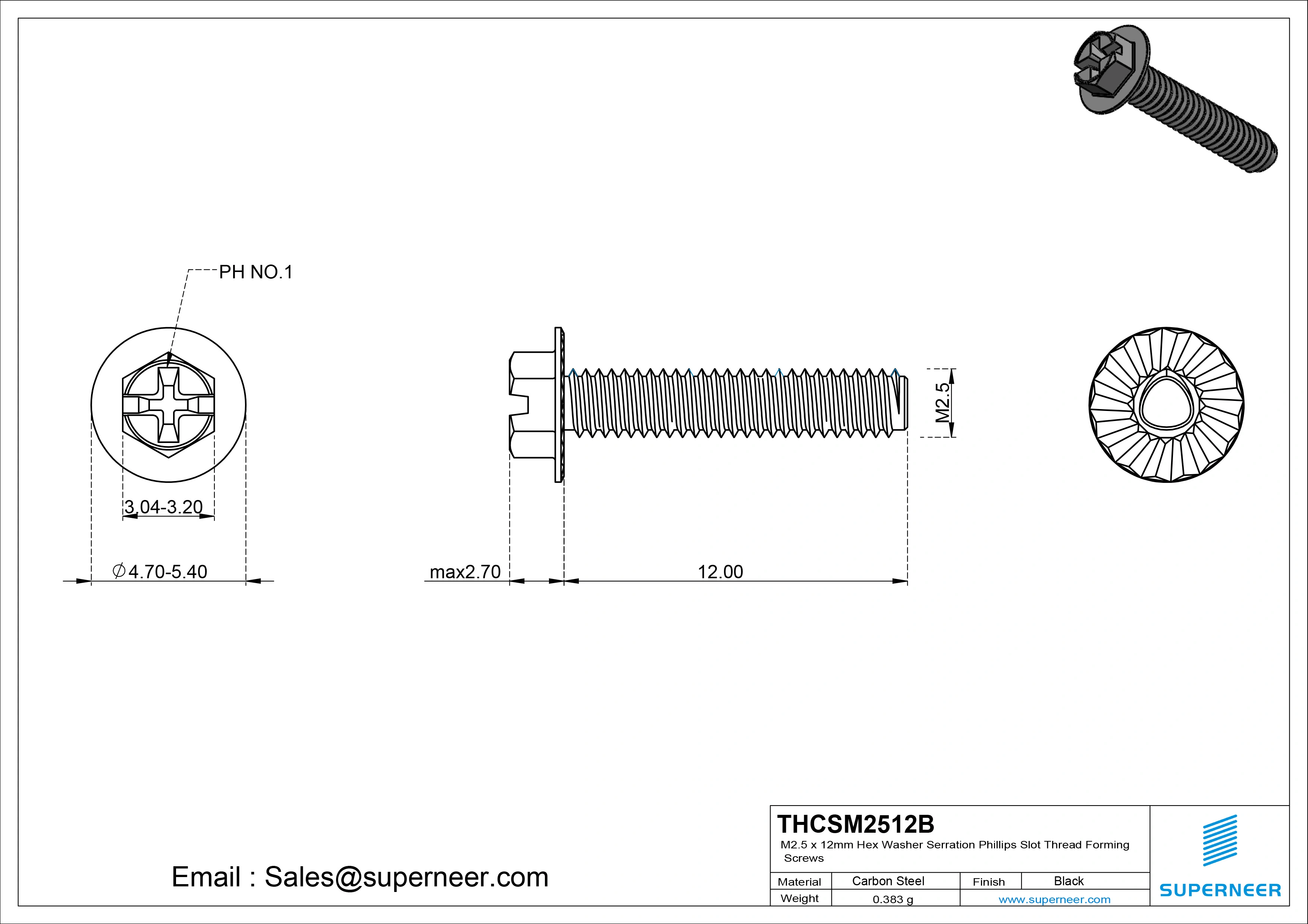 M2.5 × 12mm Indented Hex Washer Serrattion Phillips Slot Thread Forming Screws for Metal Steel Black