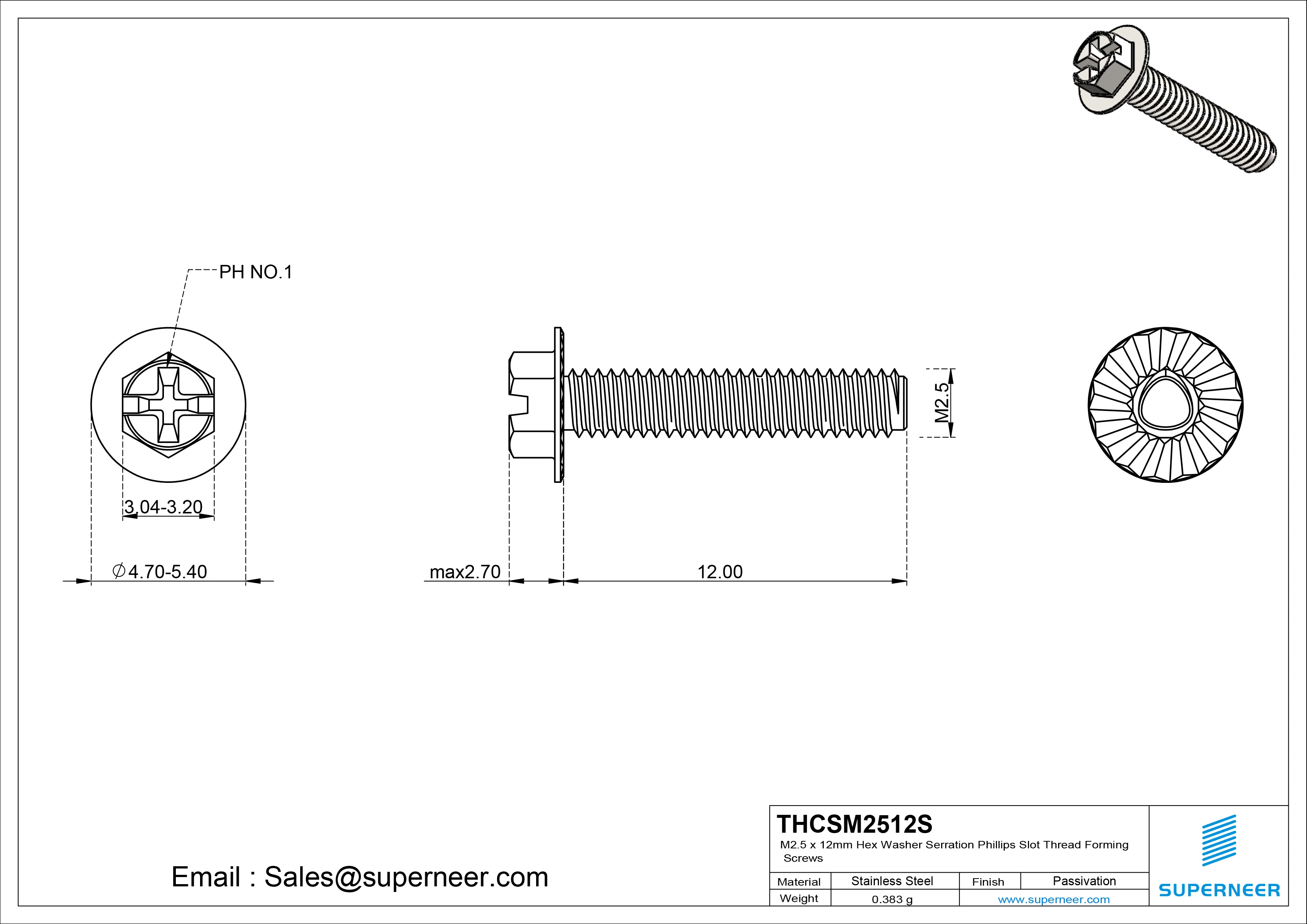 M2.5 × 12mm Indented Hex Washer Serrattion Phillips Slot Thread Forming Screws for Metal SUS304 Stainless Steel Inox