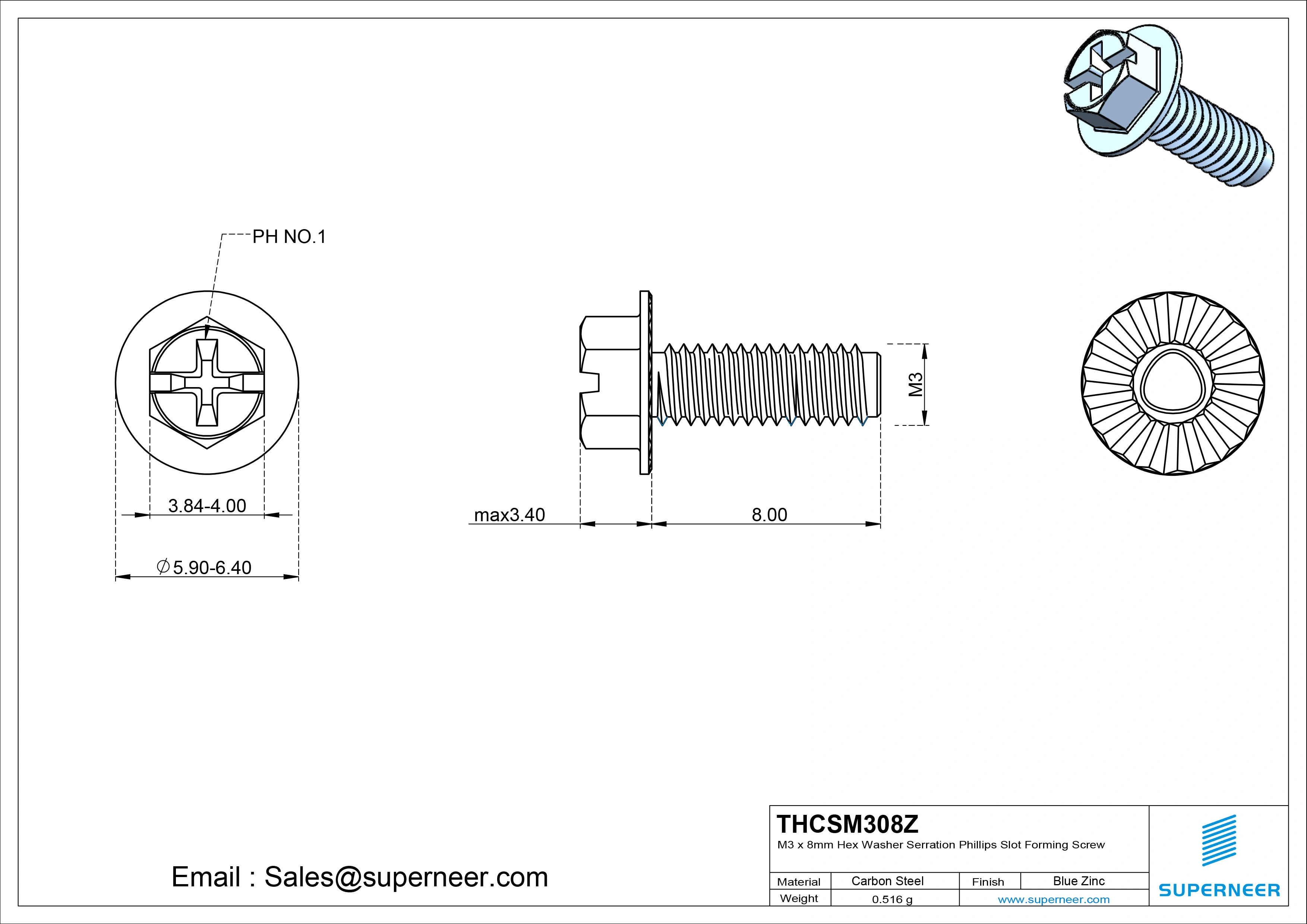 M3 × 8mm Indented Hex Washer Serrattion Phillips Slot Thread Forming Screws for Metal Steel Blue Zinc Plated