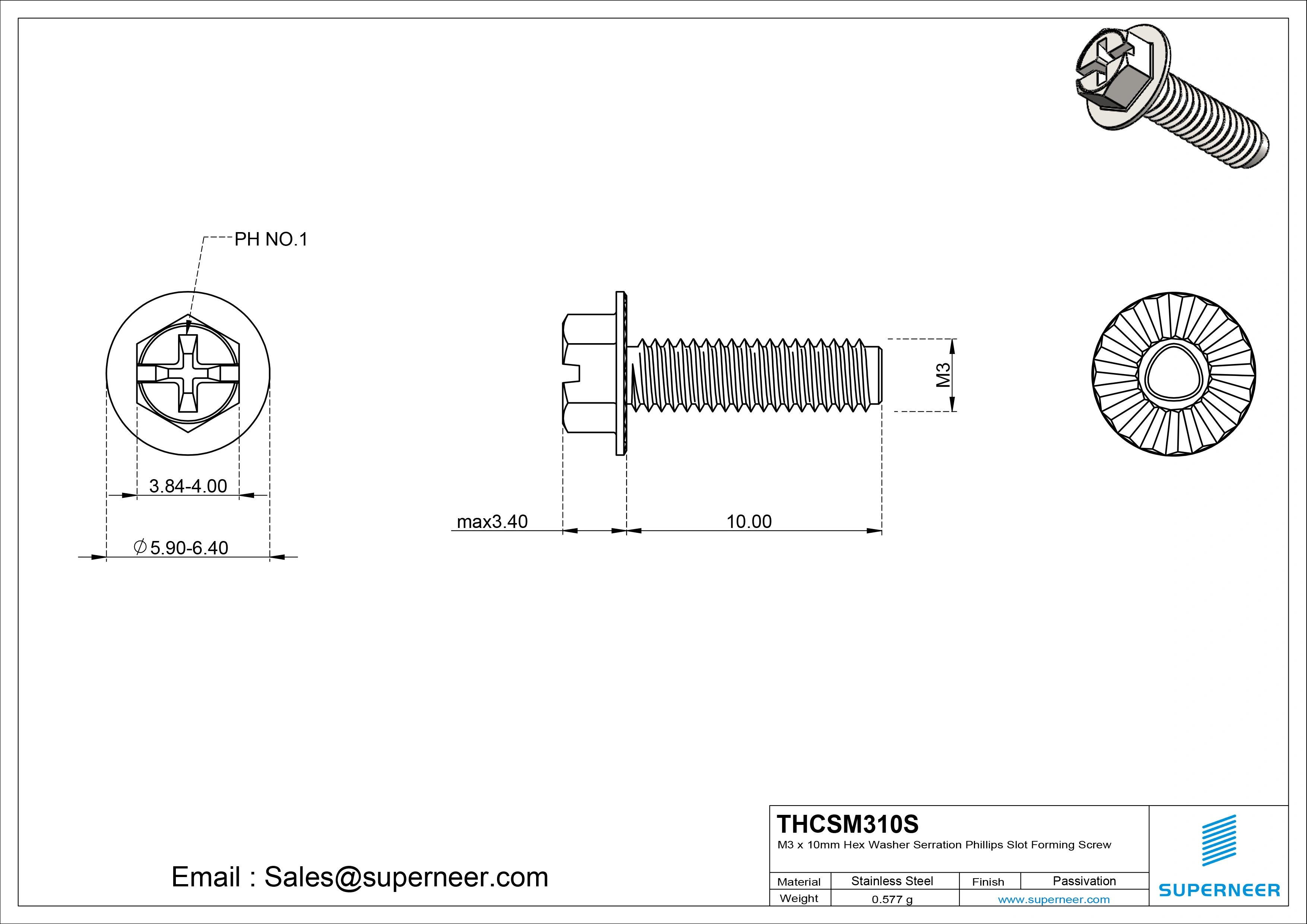 M3 × 10mm Indented Hex Washer Serrattion Phillips Slot Thread Forming Screws for Metal SUS304 Stainless Steel Inox