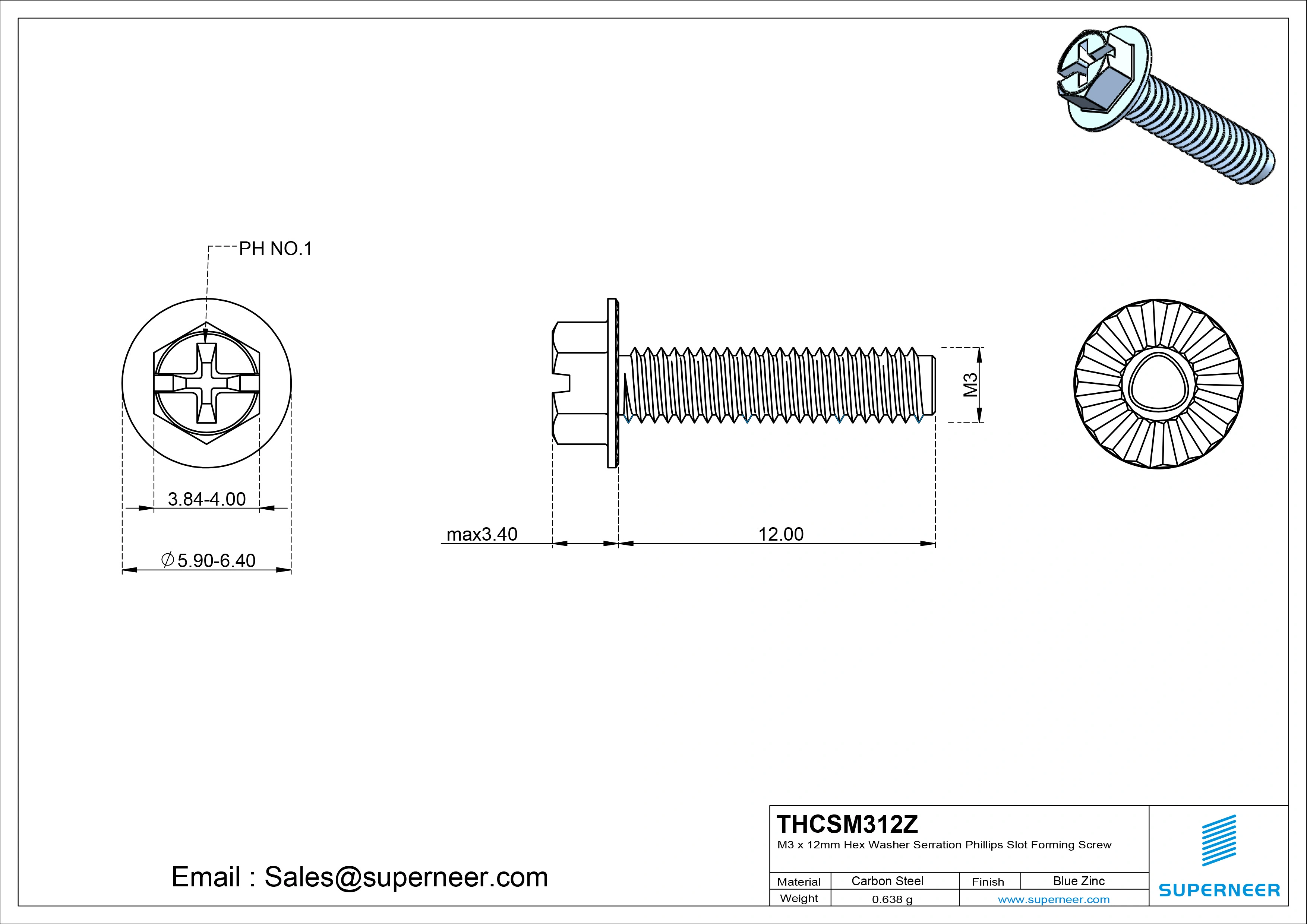 M3 × 12mm Indented Hex Washer Serrattion Phillips Slot Thread Forming Screws for Metal Steel Blue Zinc Plated
