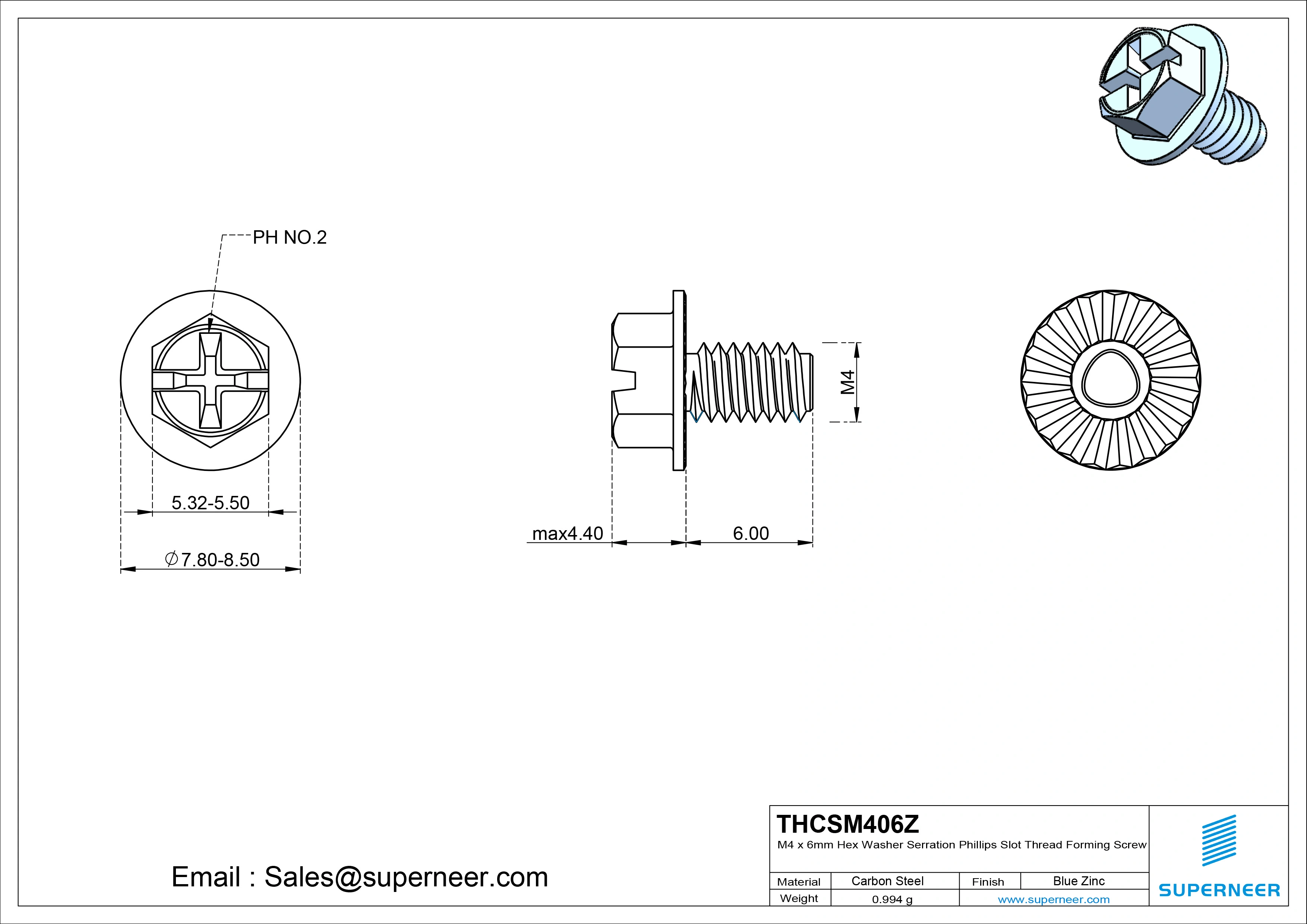 M4 × 6mm Indented Hex Washer Serrattion Phillips Slot Thread Forming Screws for Metal Steel Blue Zinc Plated