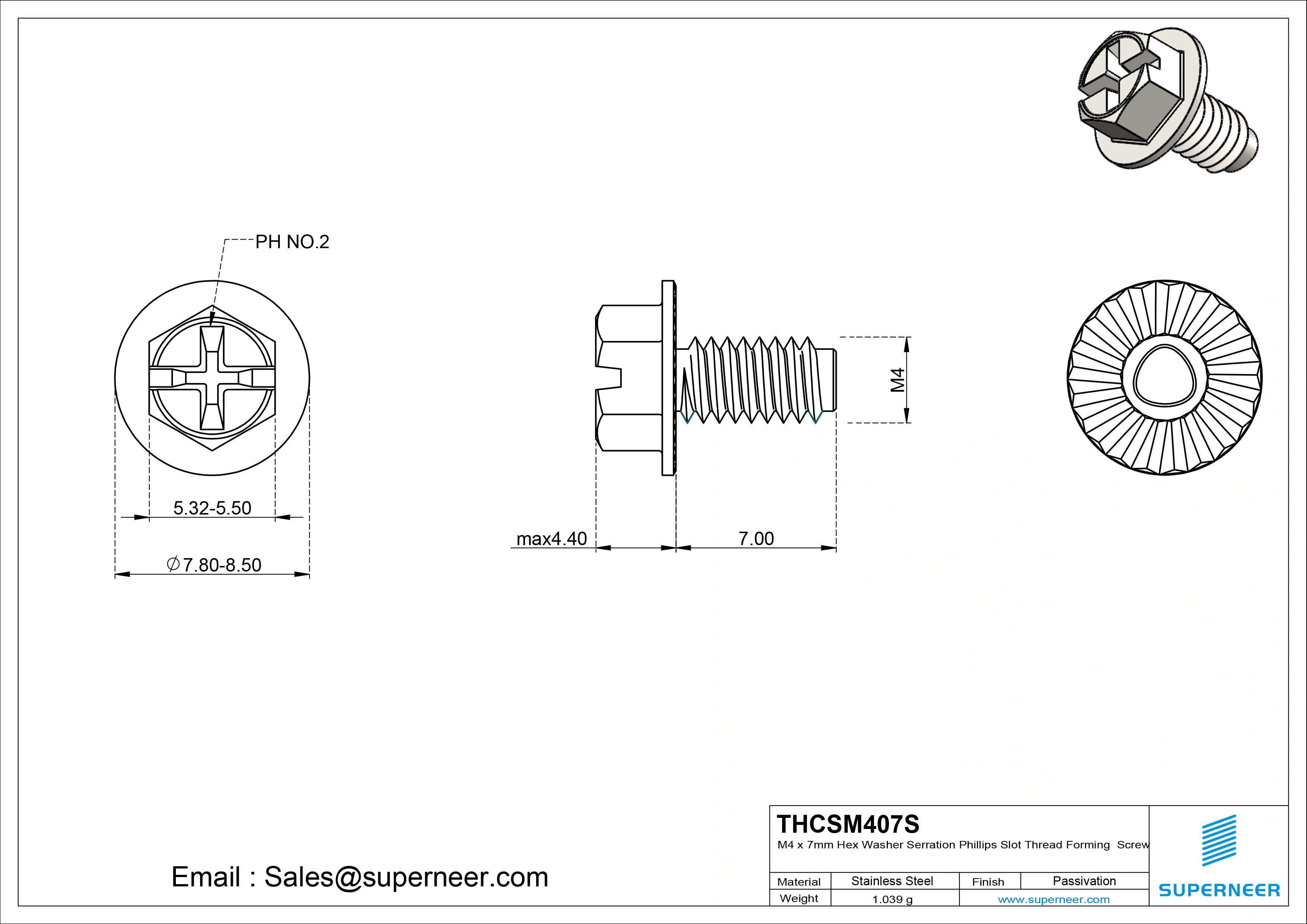 M4 × 7mm Indented Hex Washer Serrattion Phillips Slot Thread Forming Screws for Metal SUS304 Stainless Steel Inox