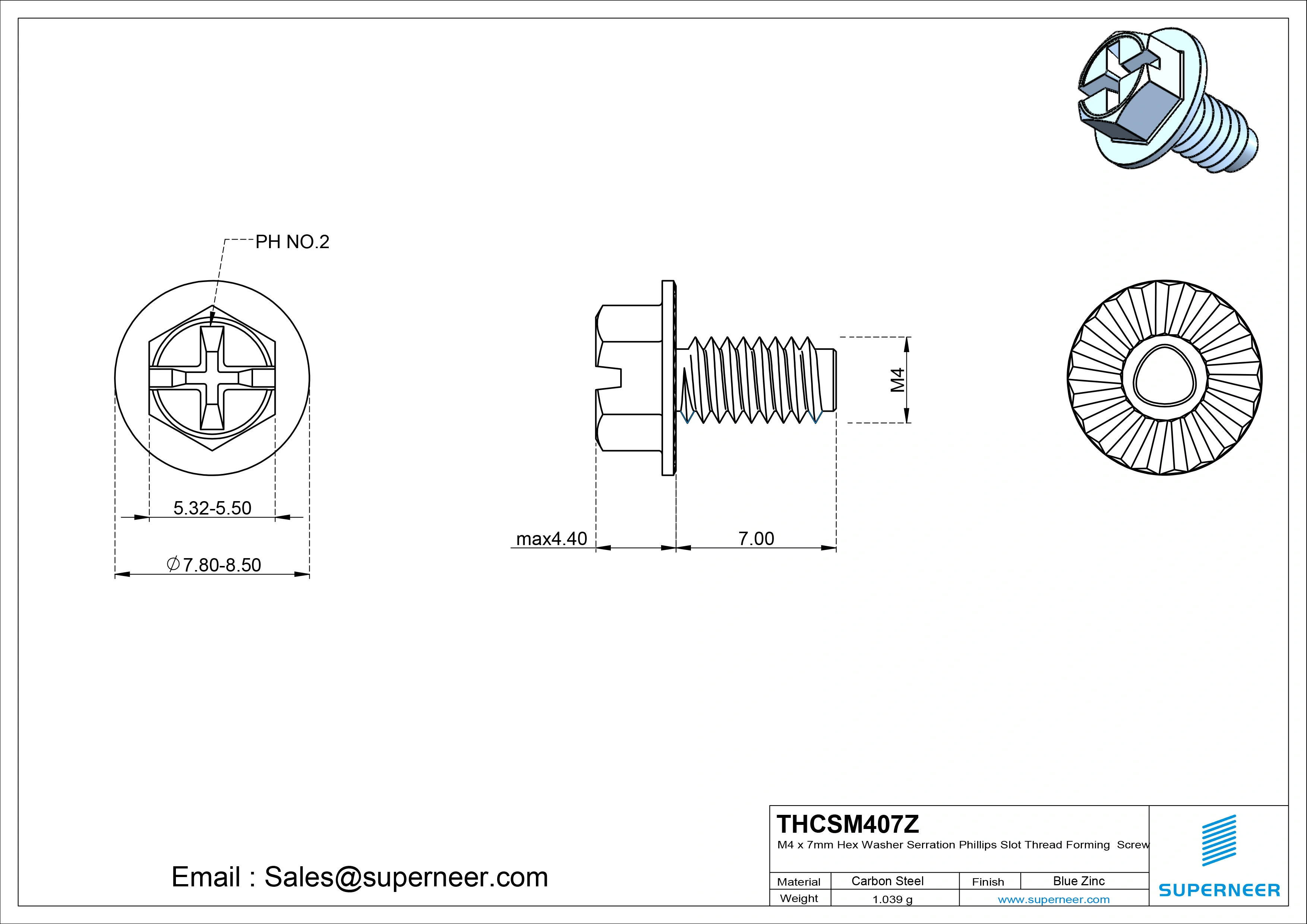 M4 × 7mm Indented Hex Washer Serrattion Phillips Slot Thread Forming Screws for Metal Steel Blue Zinc Plated