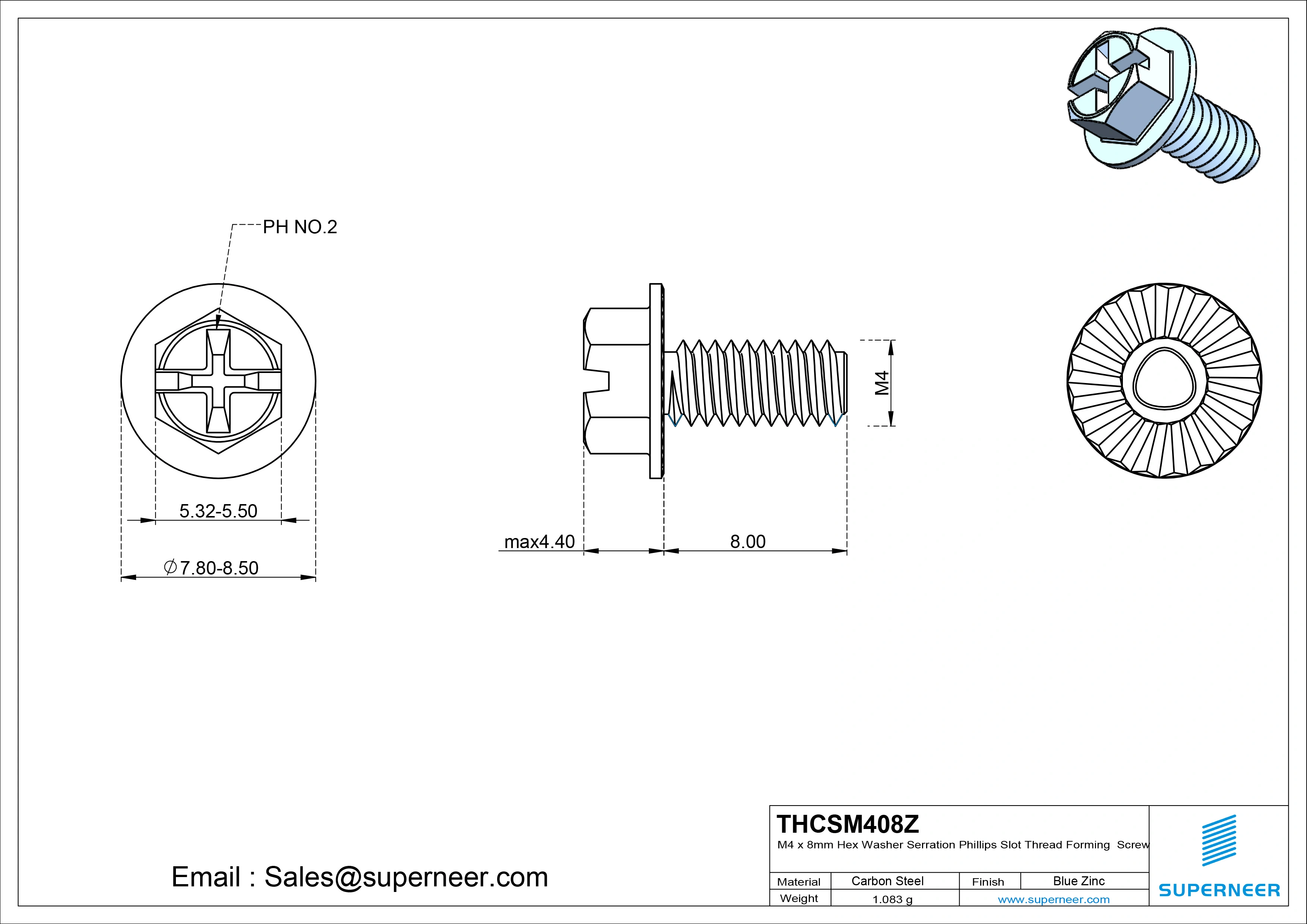 M4 × 8mm Indented Hex Washer Serrattion Phillips Slot Thread Forming Screws for Metal Steel Blue Zinc Plated