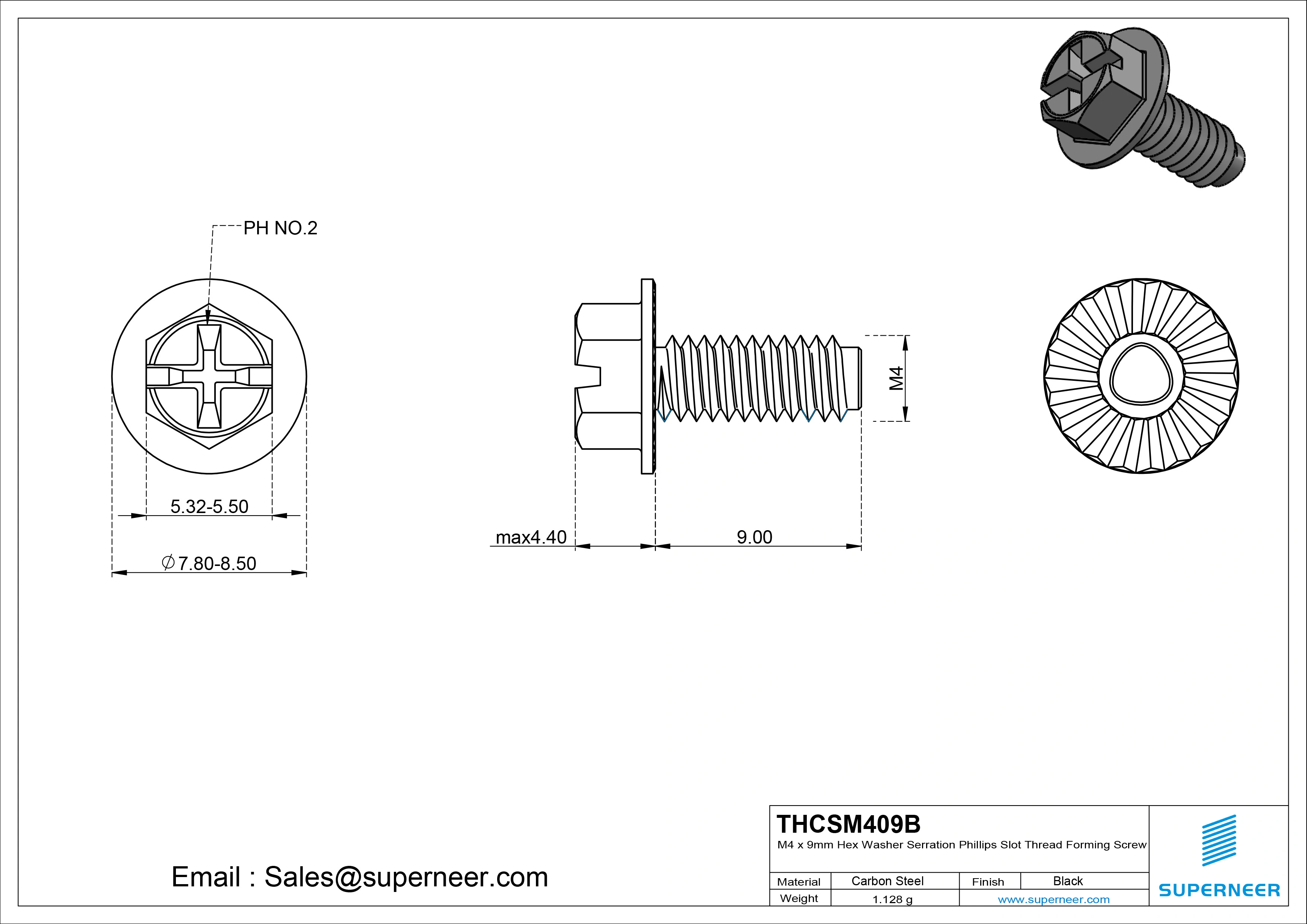 M4 × 9mm Indented Hex Washer Serrattion Phillips Slot Thread Forming Screws for Metal Steel Black