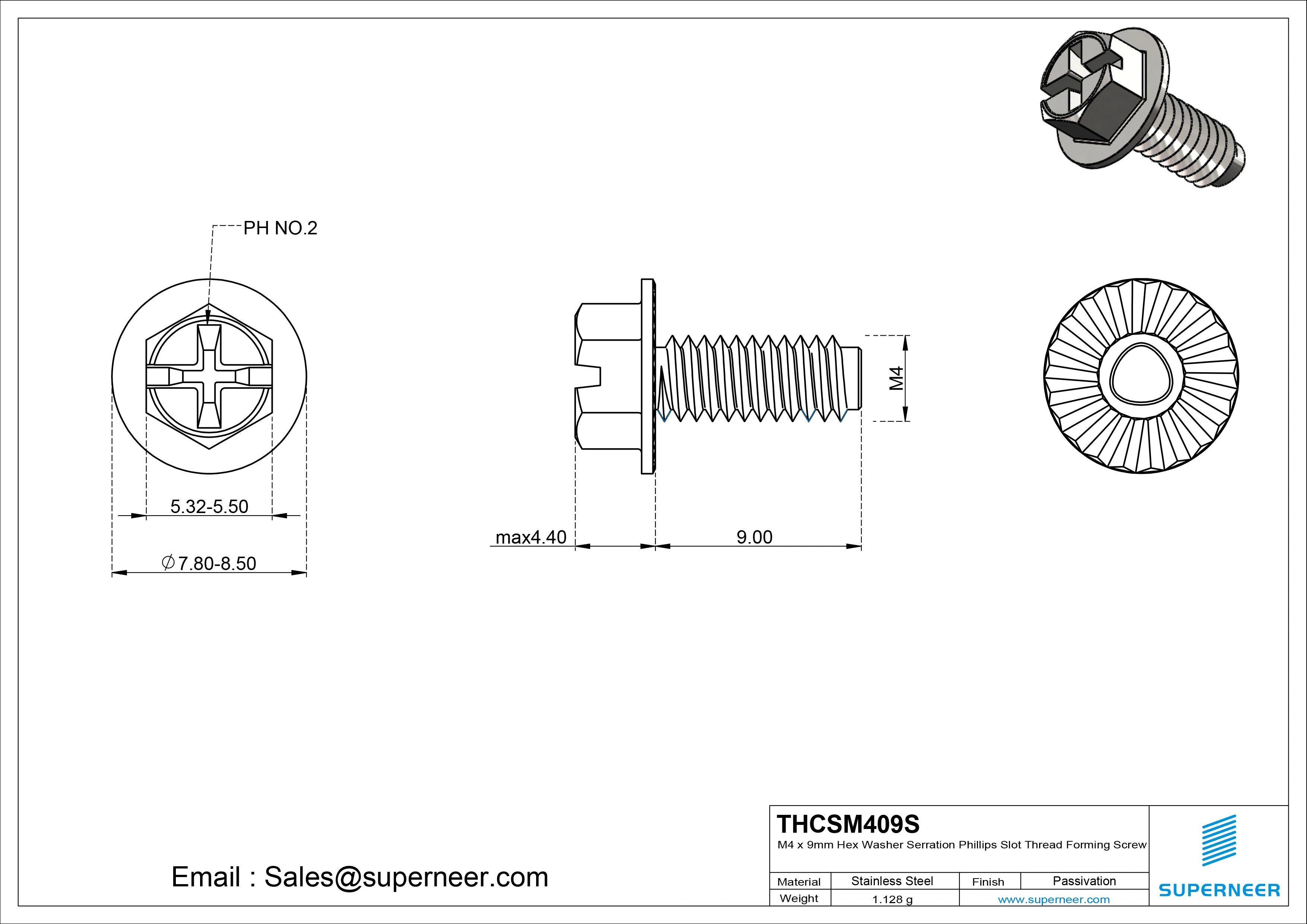 M4 × 9mm Indented Hex Washer Serrattion Phillips Slot Thread Forming Screws for Metal SUS304 Stainless Steel Inox
