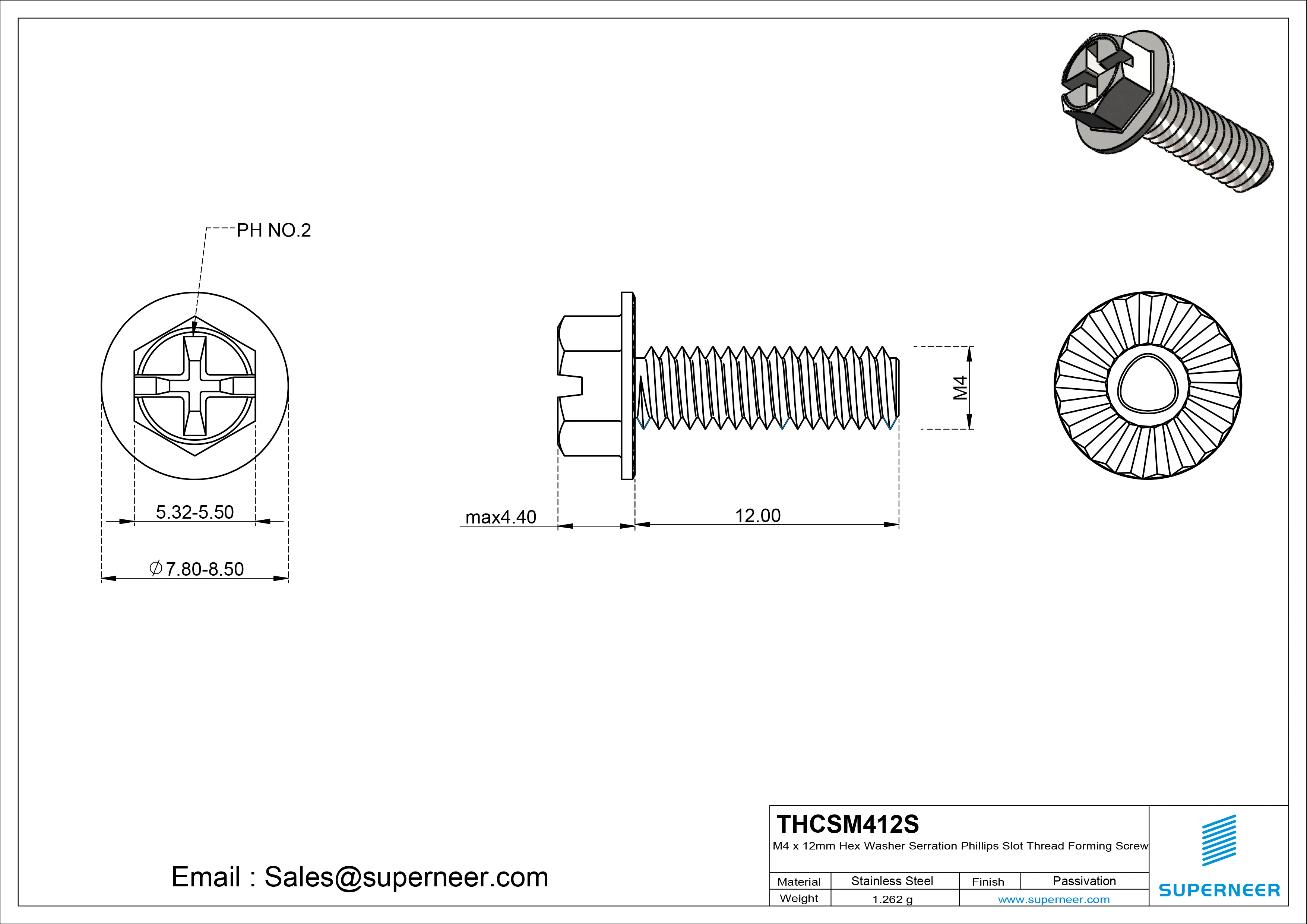 M4 × 12mm Indented Hex Washer Serrattion Phillips Slot Thread Forming Screws for Metal SUS304 Stainless Steel Inox