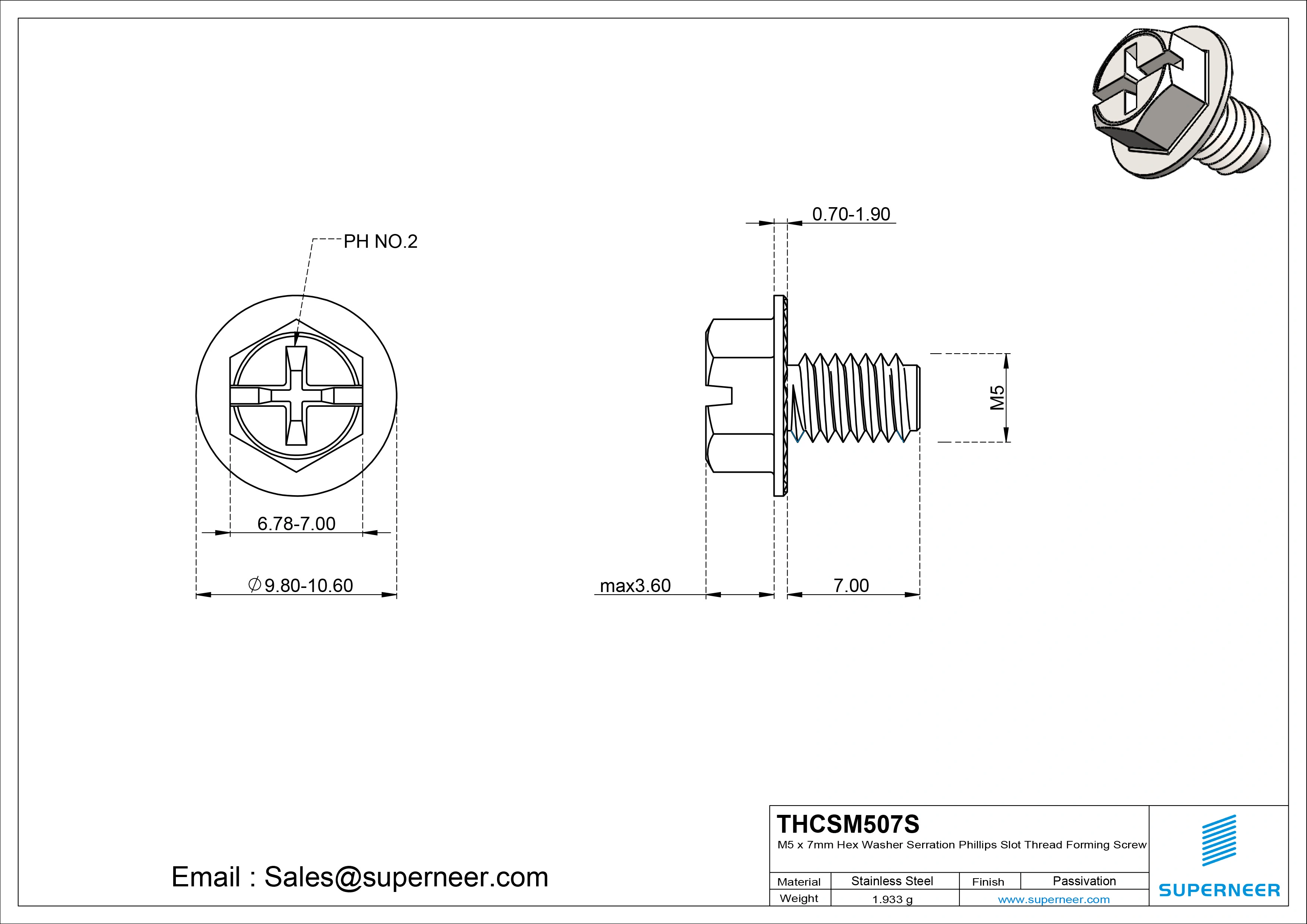 M5 × 7mm Indented Hex Washer Serrattion Phillips Slot Thread Forming Screws for Metal SUS304 Stainless Steel Inox