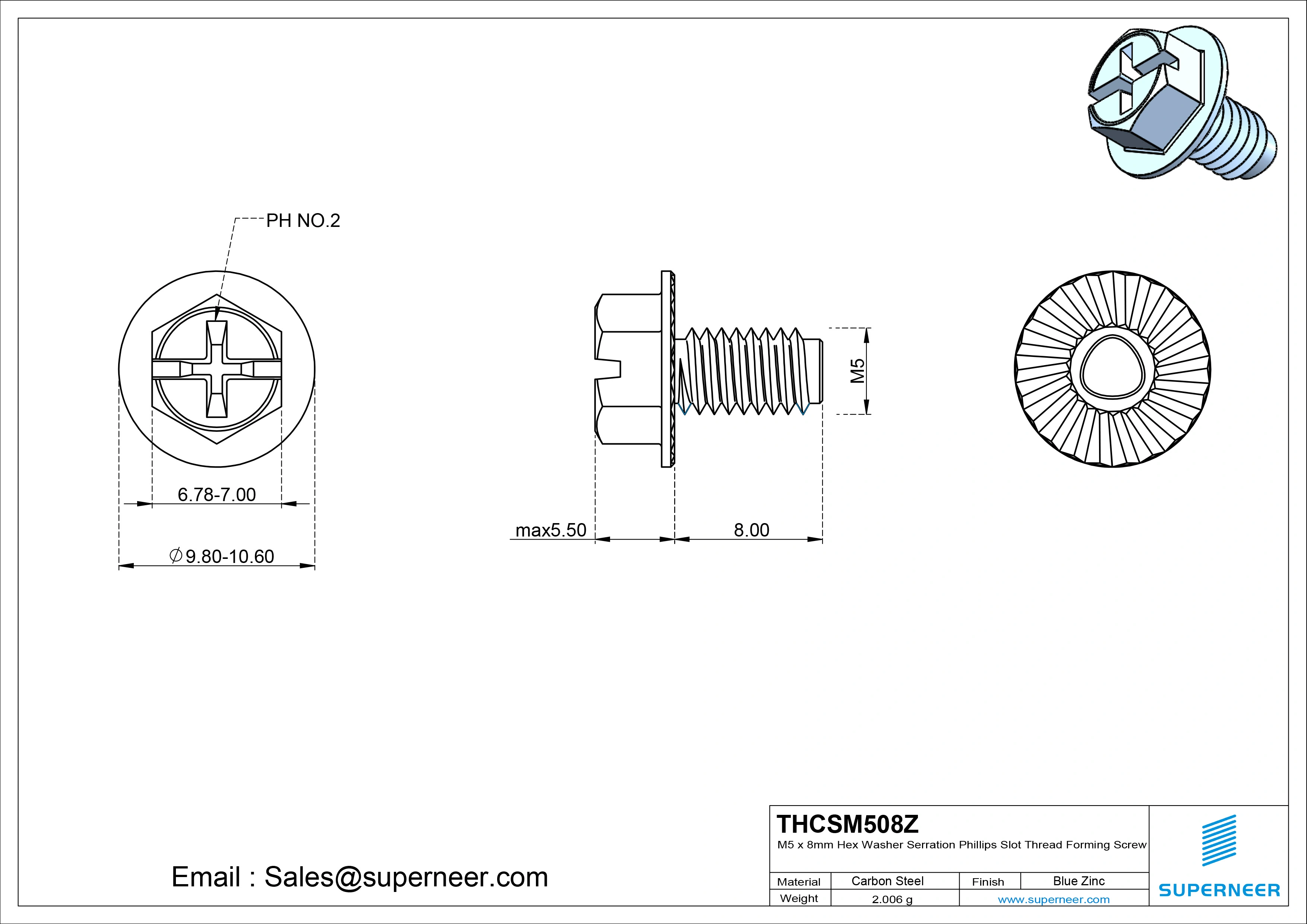 M5 × 8mm Indented Hex Washer Serrattion Phillips Slot Thread Forming Screws for Metal Steel Blue Zinc Plated