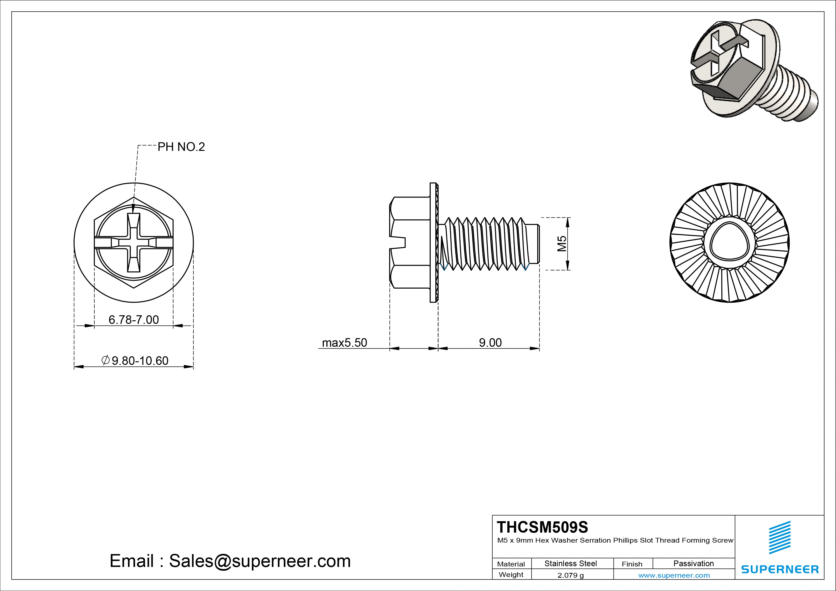 M5 × 9mm Indented Hex Washer Serrattion Phillips Slot Thread Forming Screws for Metal SUS304 Stainless Steel Inox