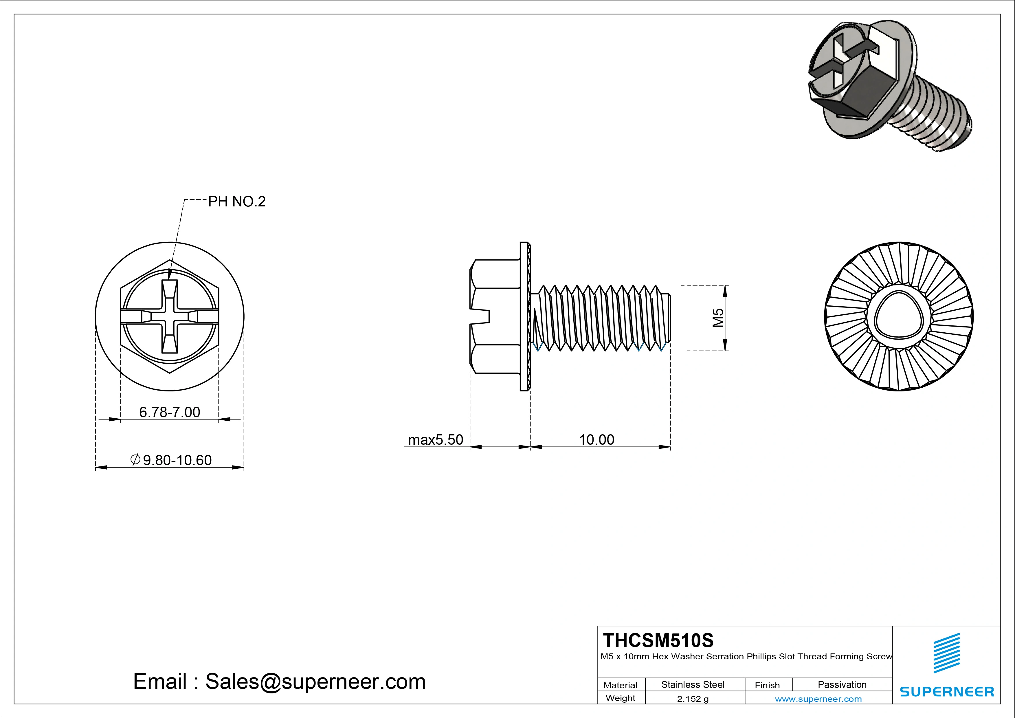 M5 × 10mm Indented Hex Washer Serrattion Phillips Slot Thread Forming Screws for Metal SUS304 Stainless Steel Inox