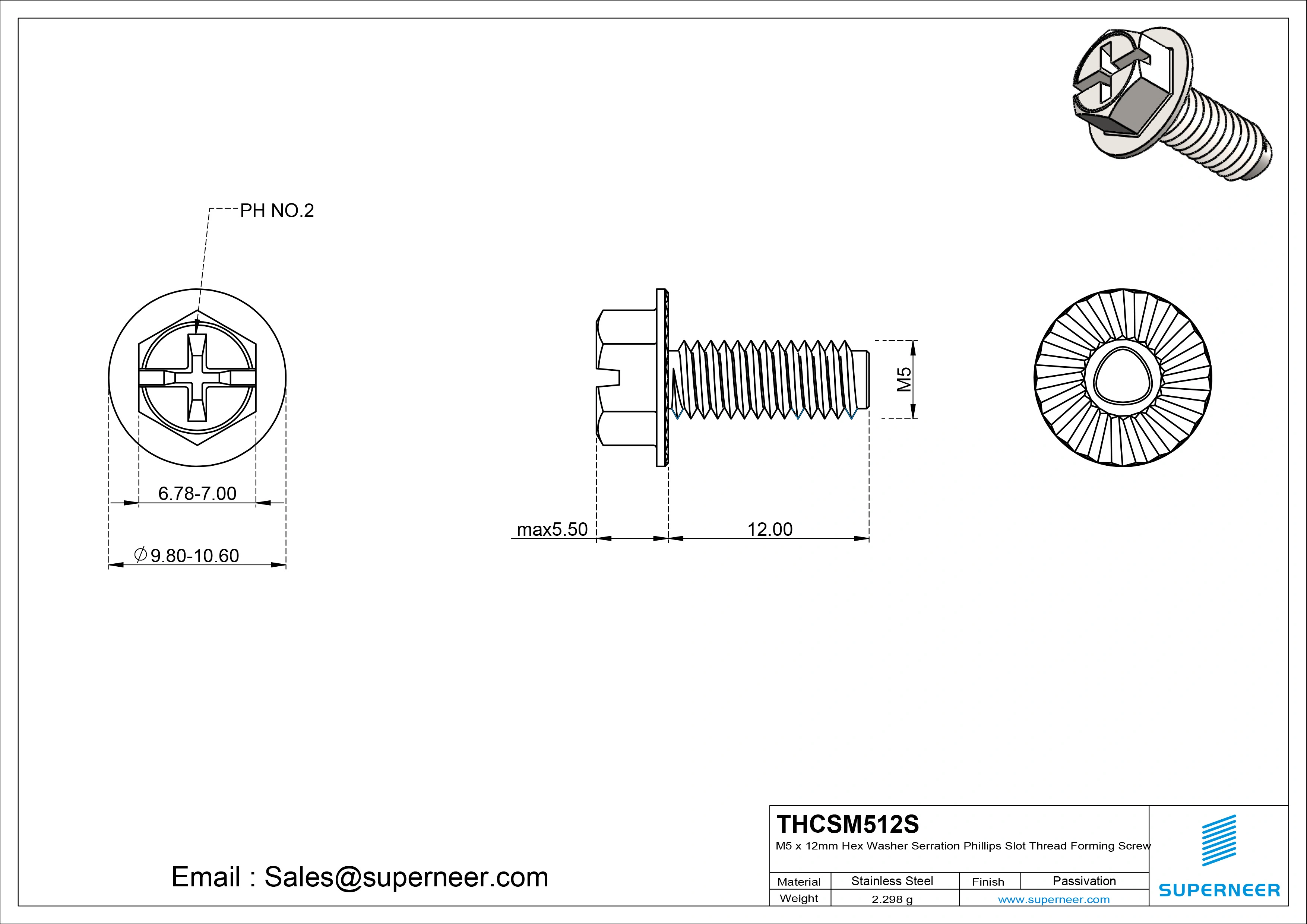 M5 × 12mm Indented Hex Washer Serrattion Phillips Slot Thread Forming Screws for Metal SUS304 Stainless Steel Inox
