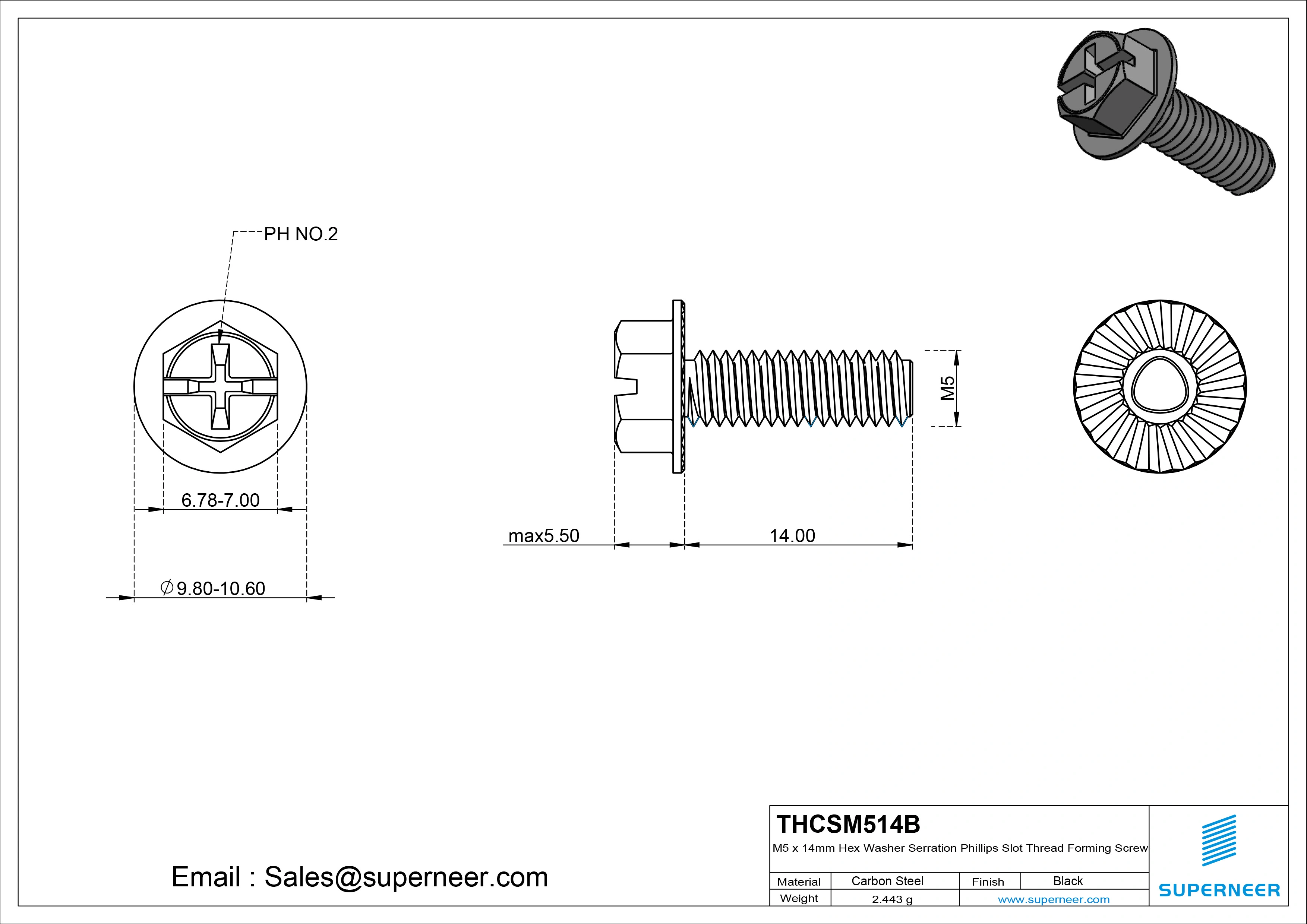 M5 × 14mm Indented Hex Washer Serrattion Phillips Slot Thread Forming Screws for Metal Steel Black