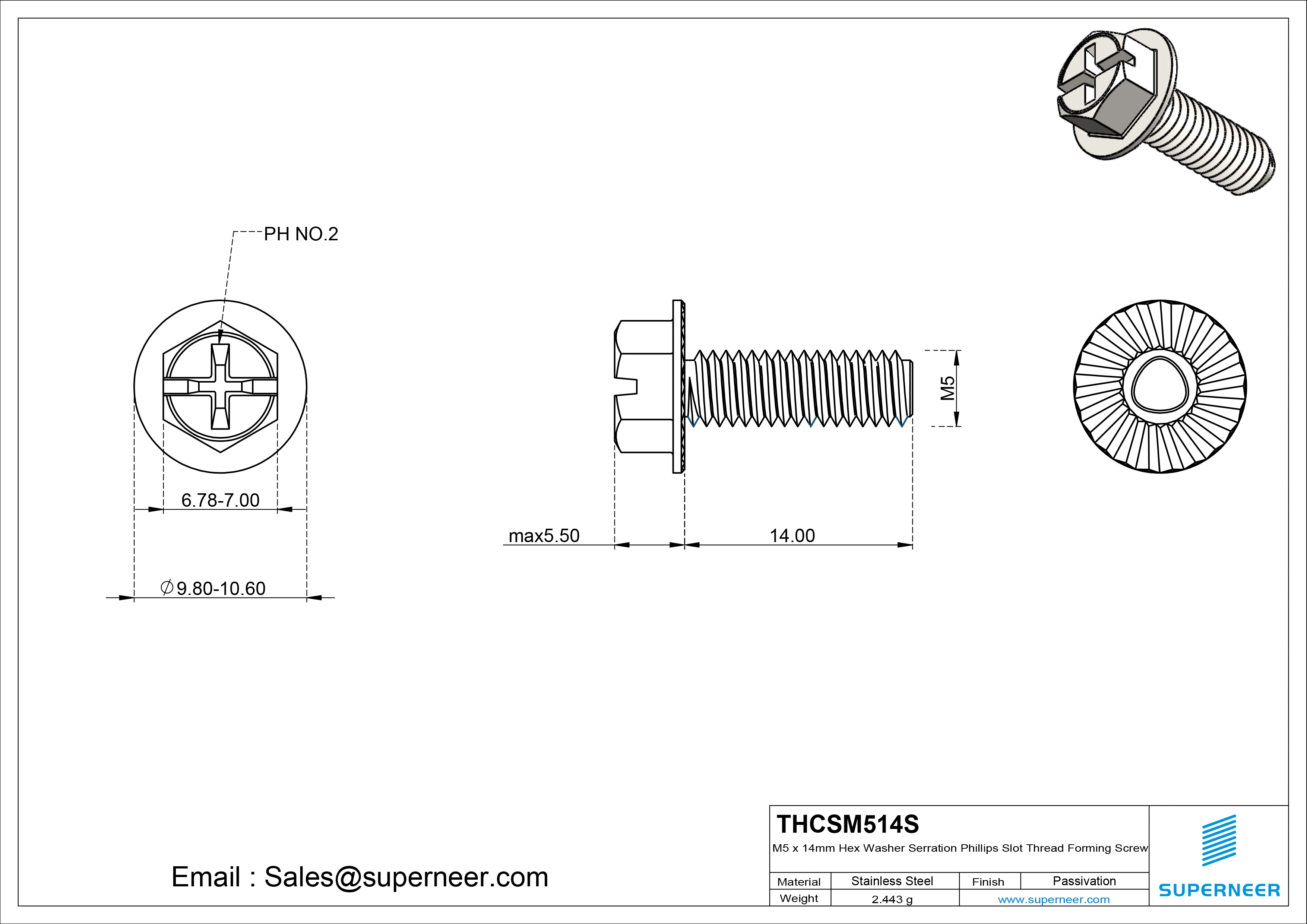 M5 × 14mm Indented Hex Washer Serrattion Phillips Slot Thread Forming Screws for Metal SUS304 Stainless Steel Inox