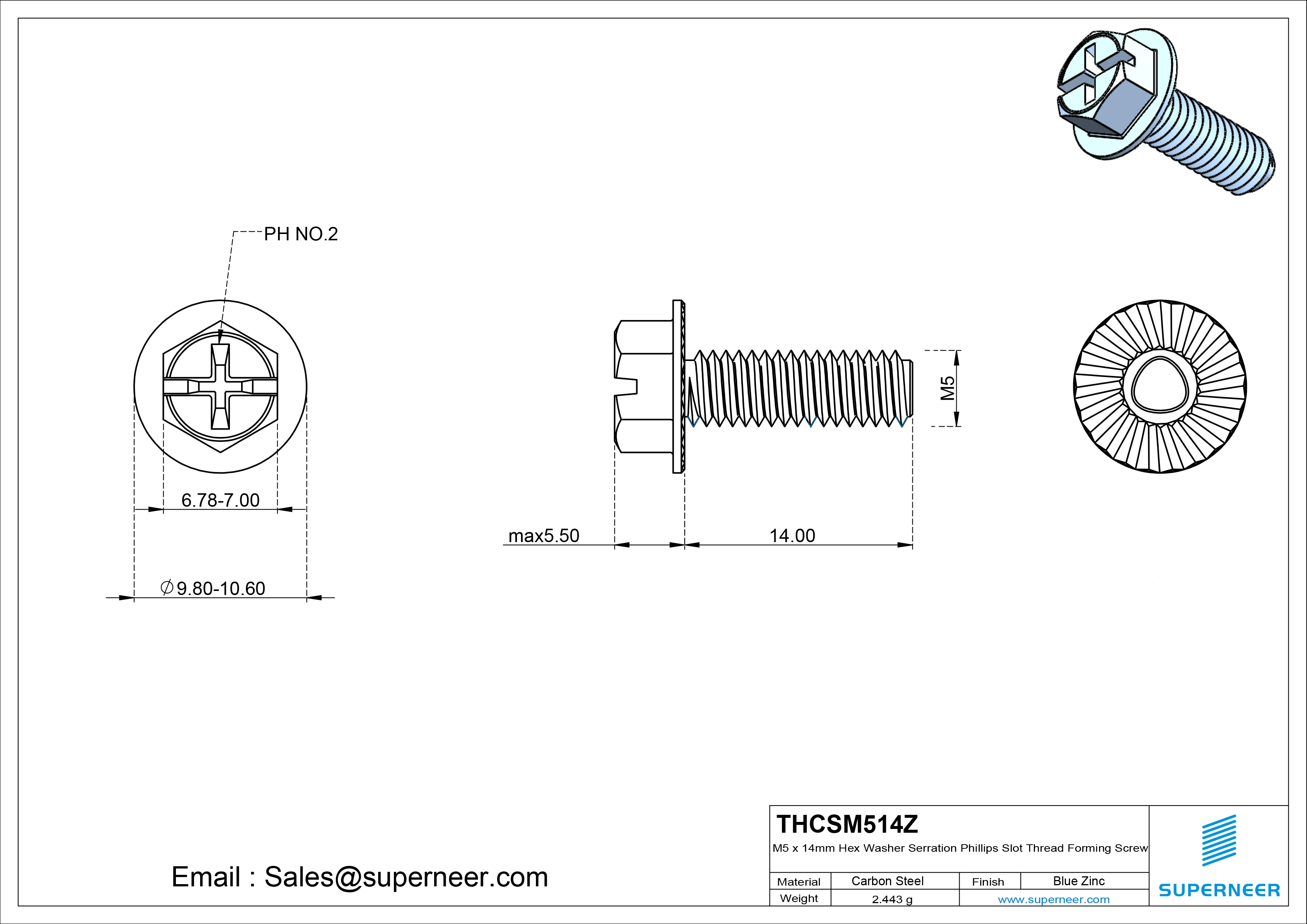 M5 × 14mm Indented Hex Washer Serrattion Phillips Slot Thread Forming Screws for Metal Steel Blue Zinc Plated