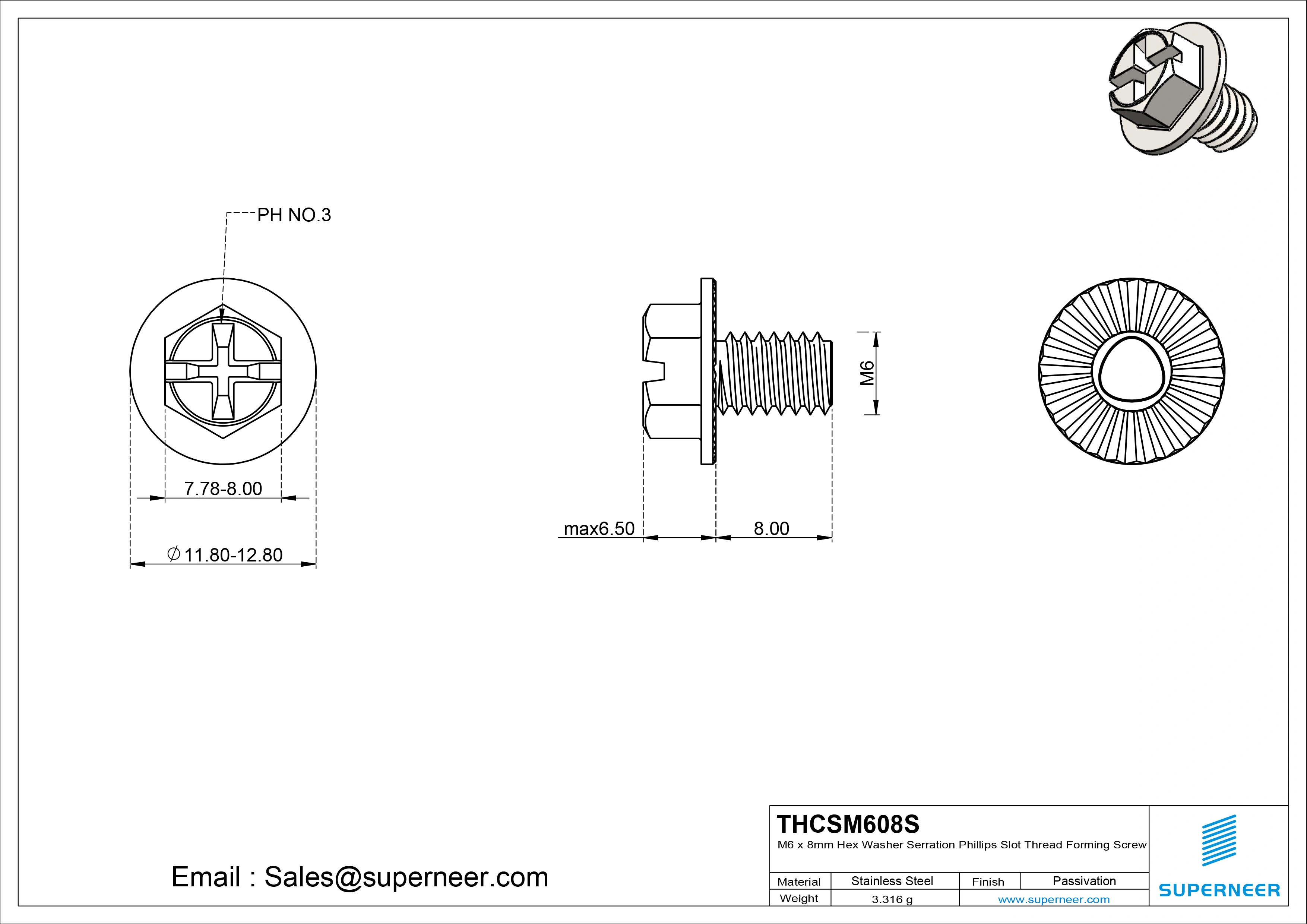 M6 × 8mm Indented Hex Washer Serrattion Phillips Slot Thread Forming Screws for Metal SUS304 Stainless Steel Inox