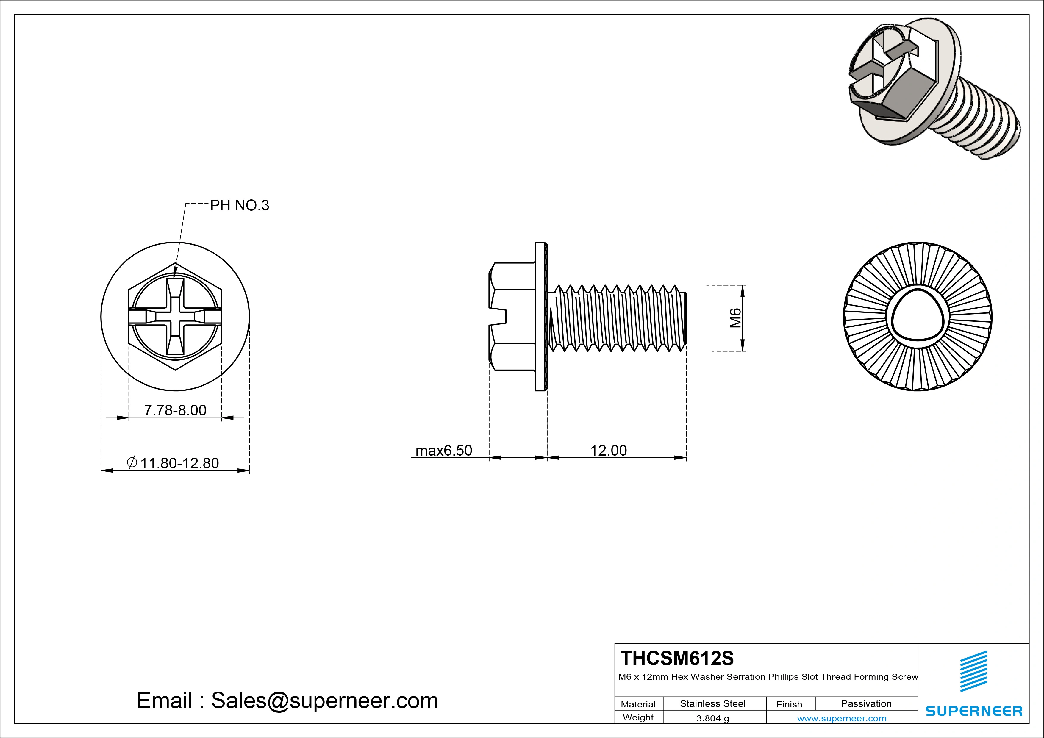 M6 × 12mm Indented Hex Washer Serrattion Phillips Slot Thread Forming Screws for Metal SUS304 Stainless Steel Inox