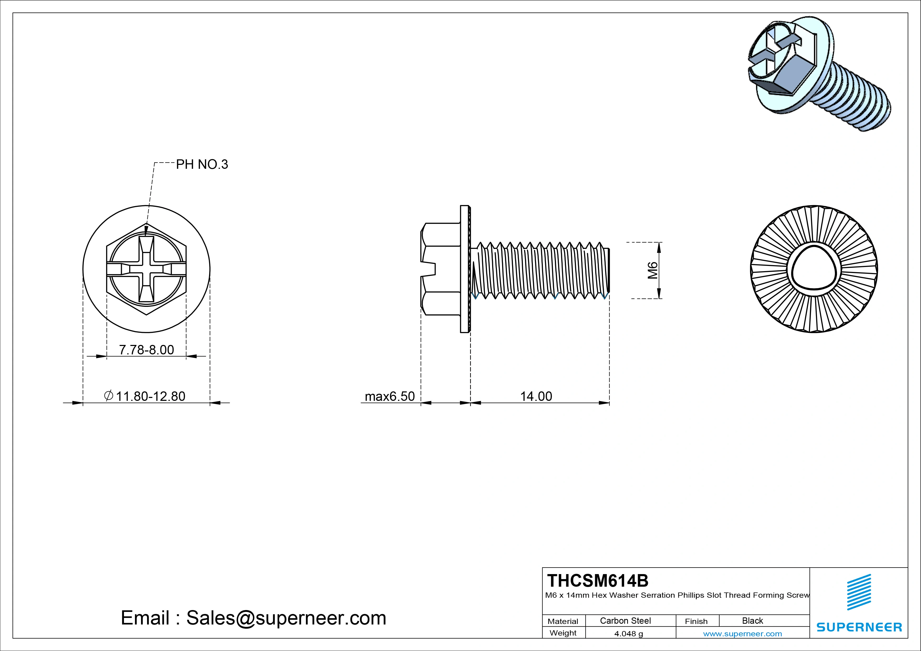 M6 × 14mm Indented Hex Washer Serrattion Phillips Slot Thread Forming Screws for Metal Steel Black