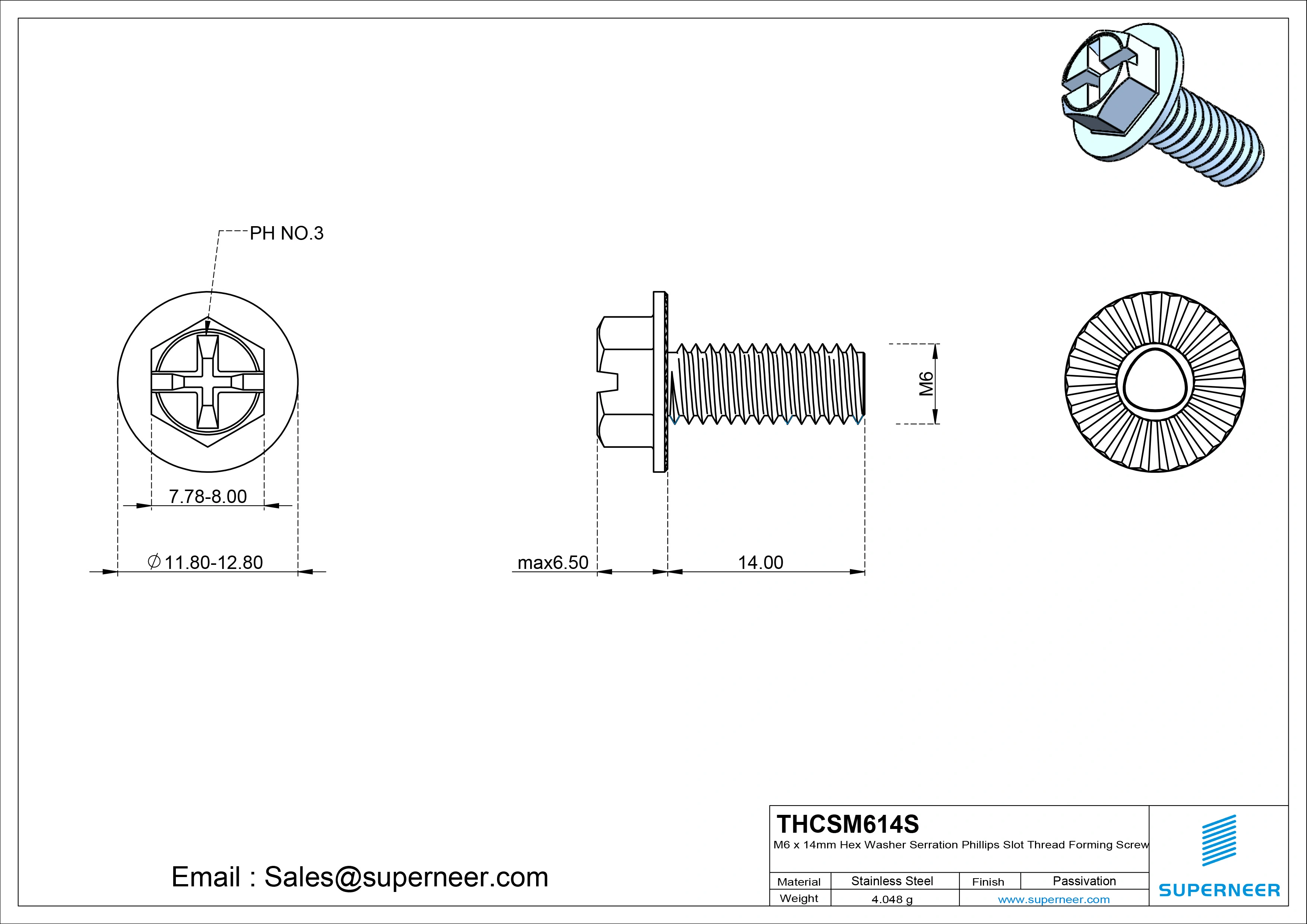 M6 × 14mm Indented Hex Washer Serrattion Phillips Slot Thread Forming Screws for Metal SUS304 Stainless Steel Inox