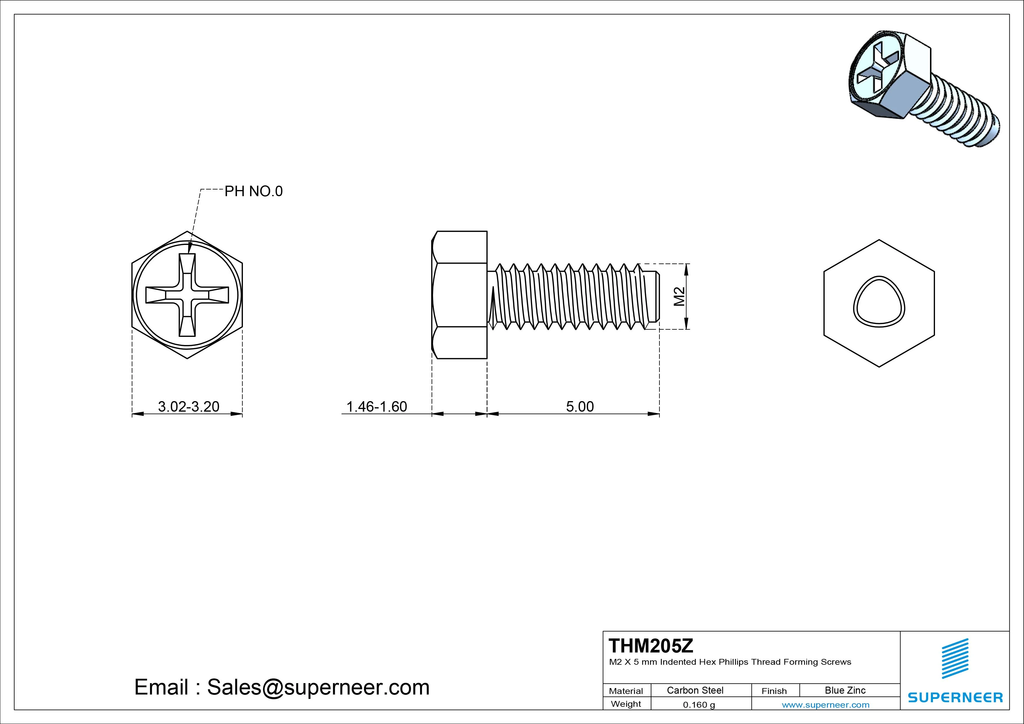 M2 × 5mm Indented Hex Phillips Thread Forming Screws for Metal Steel Blue Zinc Plated