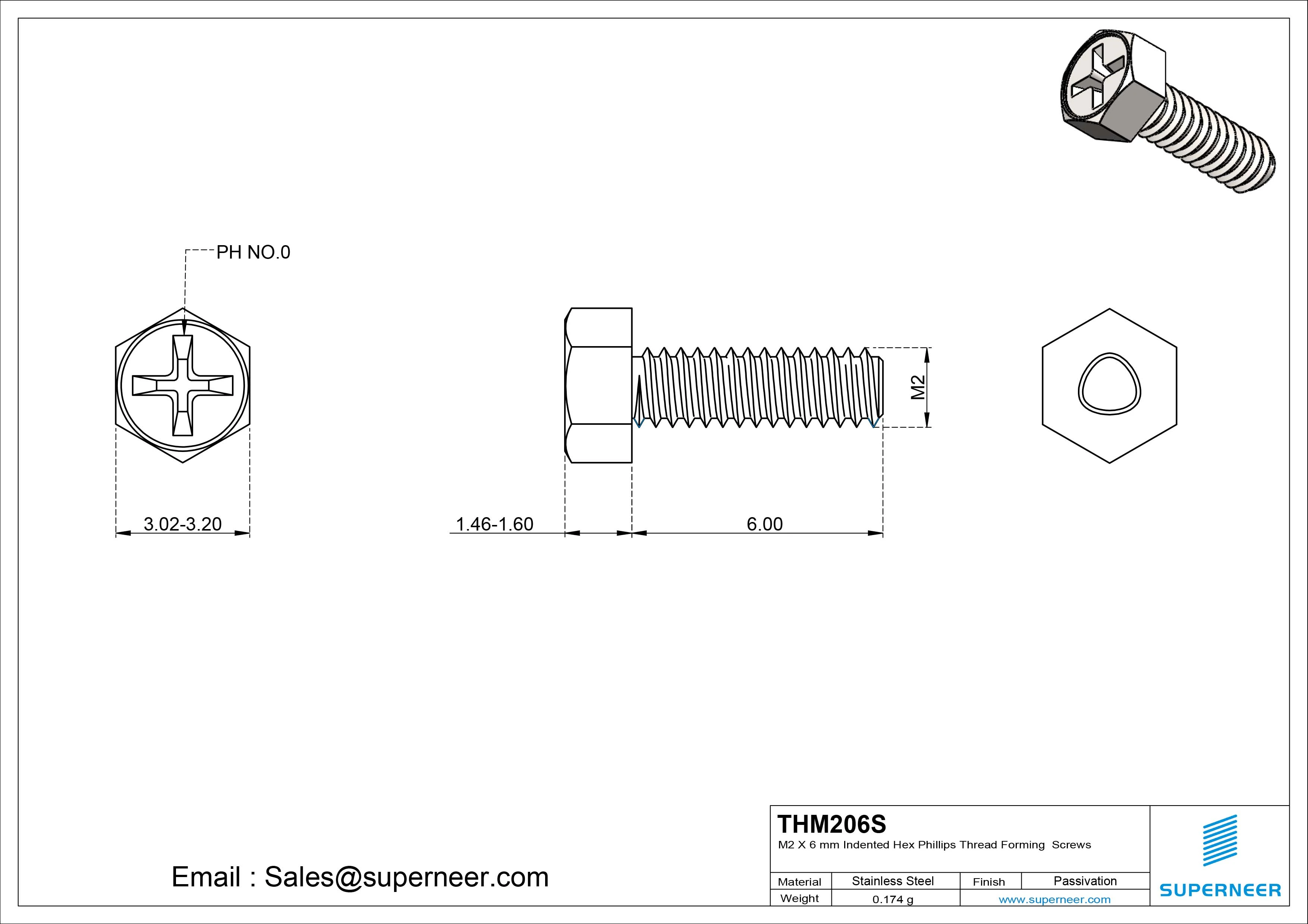 M2 × 6mm Indented Hex Phillips Thread Forming Screws for Metal SUS304 Stainless Steel Inox