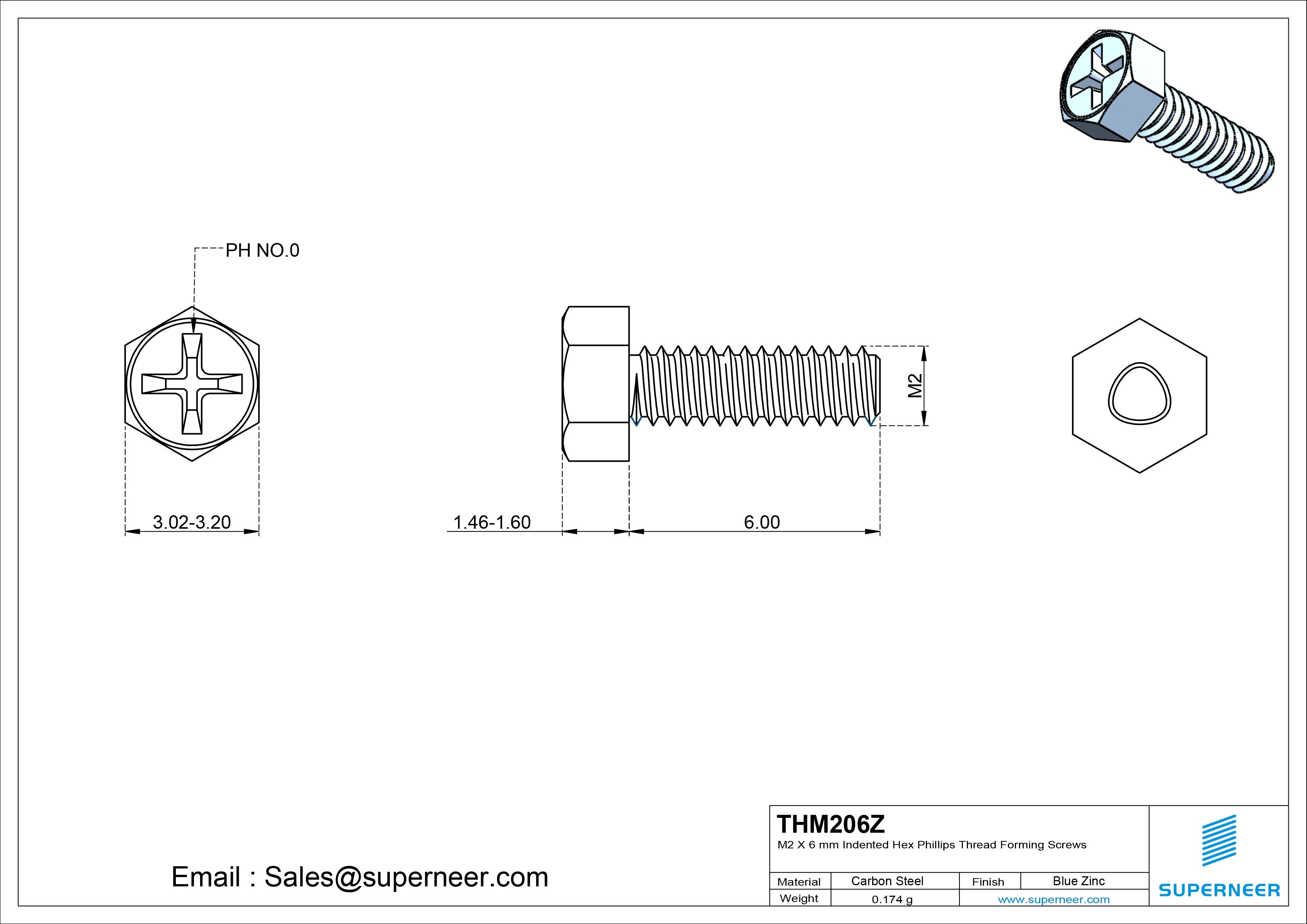 M2 × 6mm Indented Hex Phillips Thread Forming Screws for Metal Steel Blue Zinc Plated